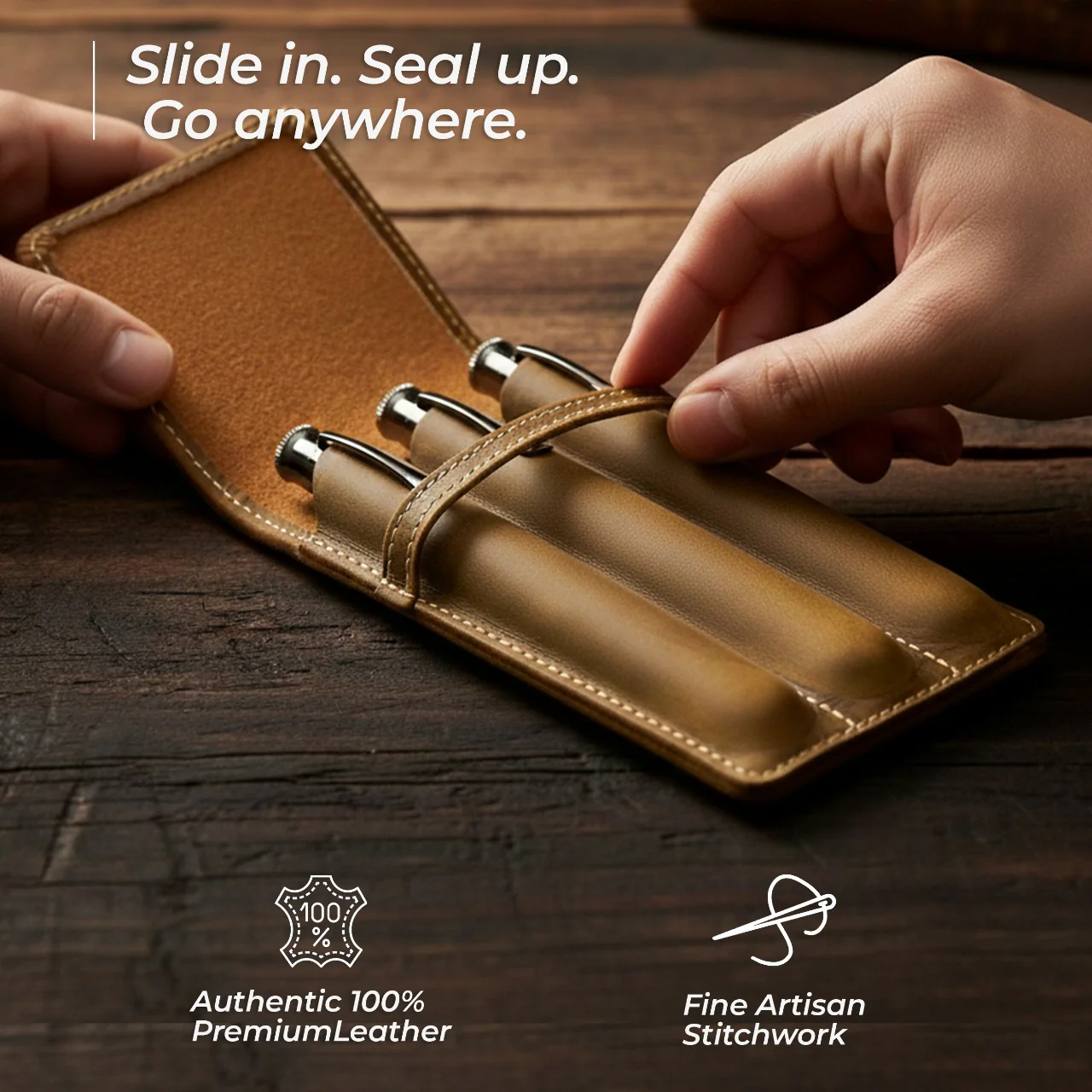 Vintage Leather 3-Slot Pen Pouch - 3.4" × 5.9" × 0.8″ / 8.7cm × 15cm × 2cm - Image 4