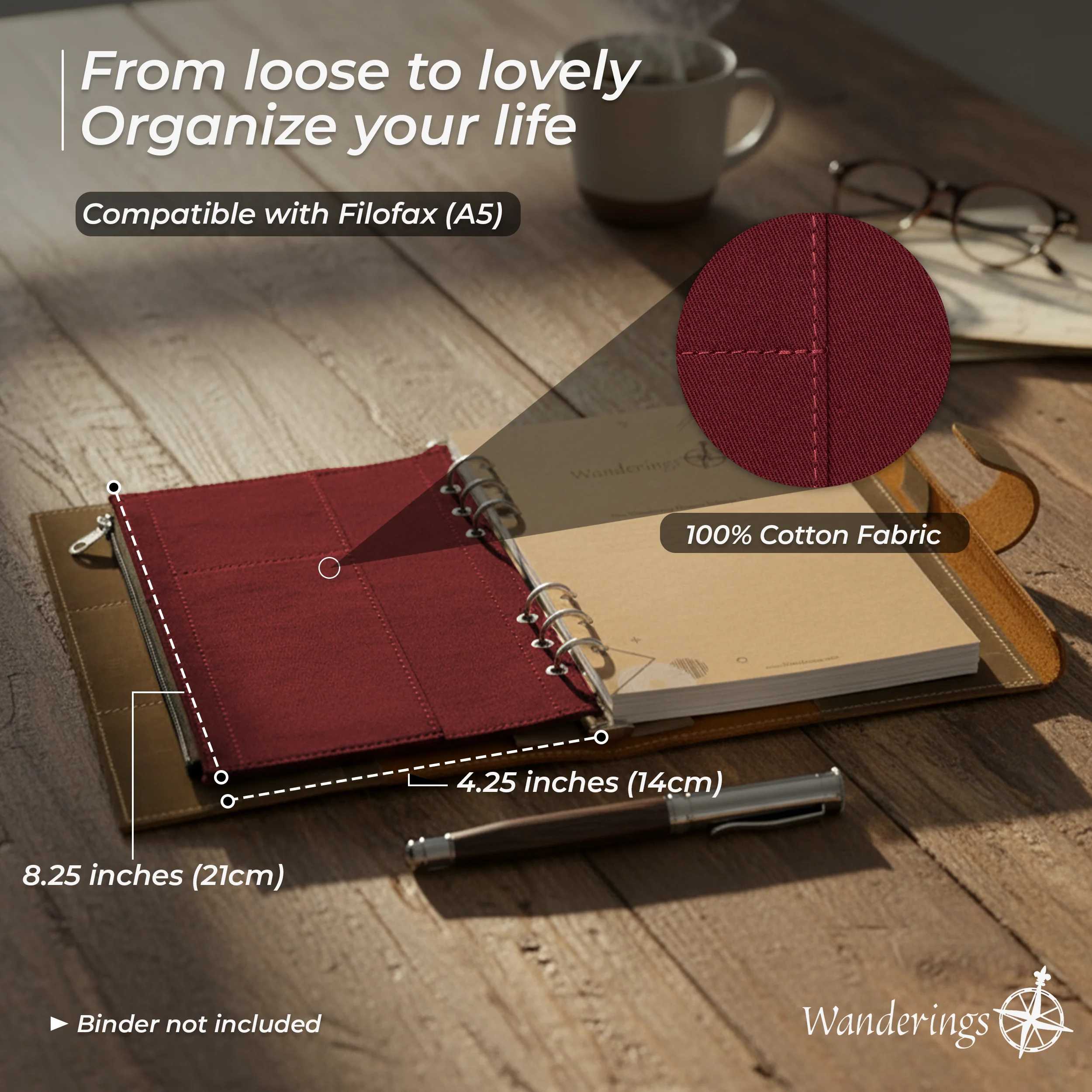 6-Ring Zipper Pocket for A5 Size Binder Planners - 5.9" x 8.25" (15 x 21 cm) - Durable 100% Cotton Fabric - Image 3