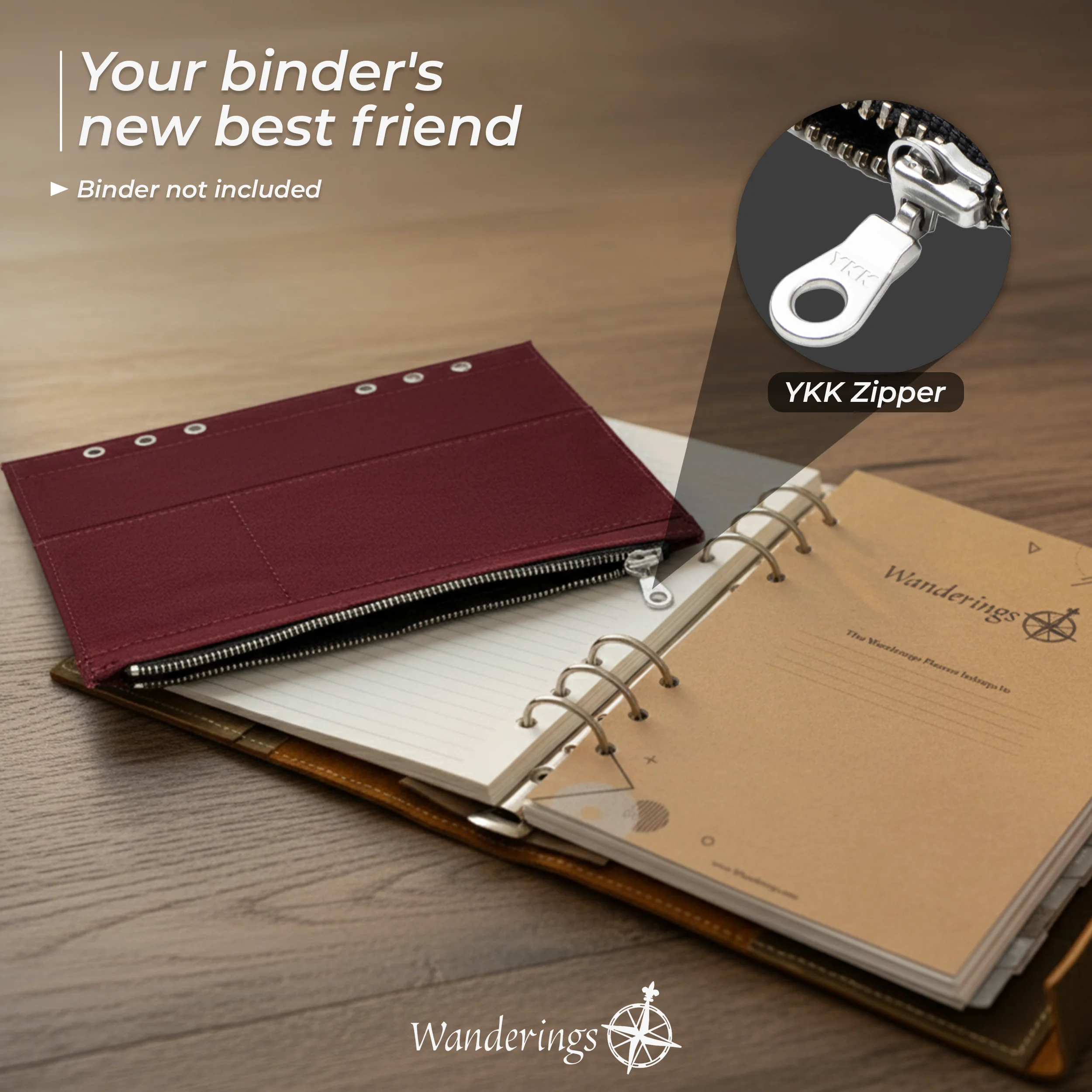 6-Ring Zipper Pocket for A5 Size Binder Planners - 5.9" x 8.25" (15 x 21 cm) - Durable 100% Cotton Fabric - Image 6