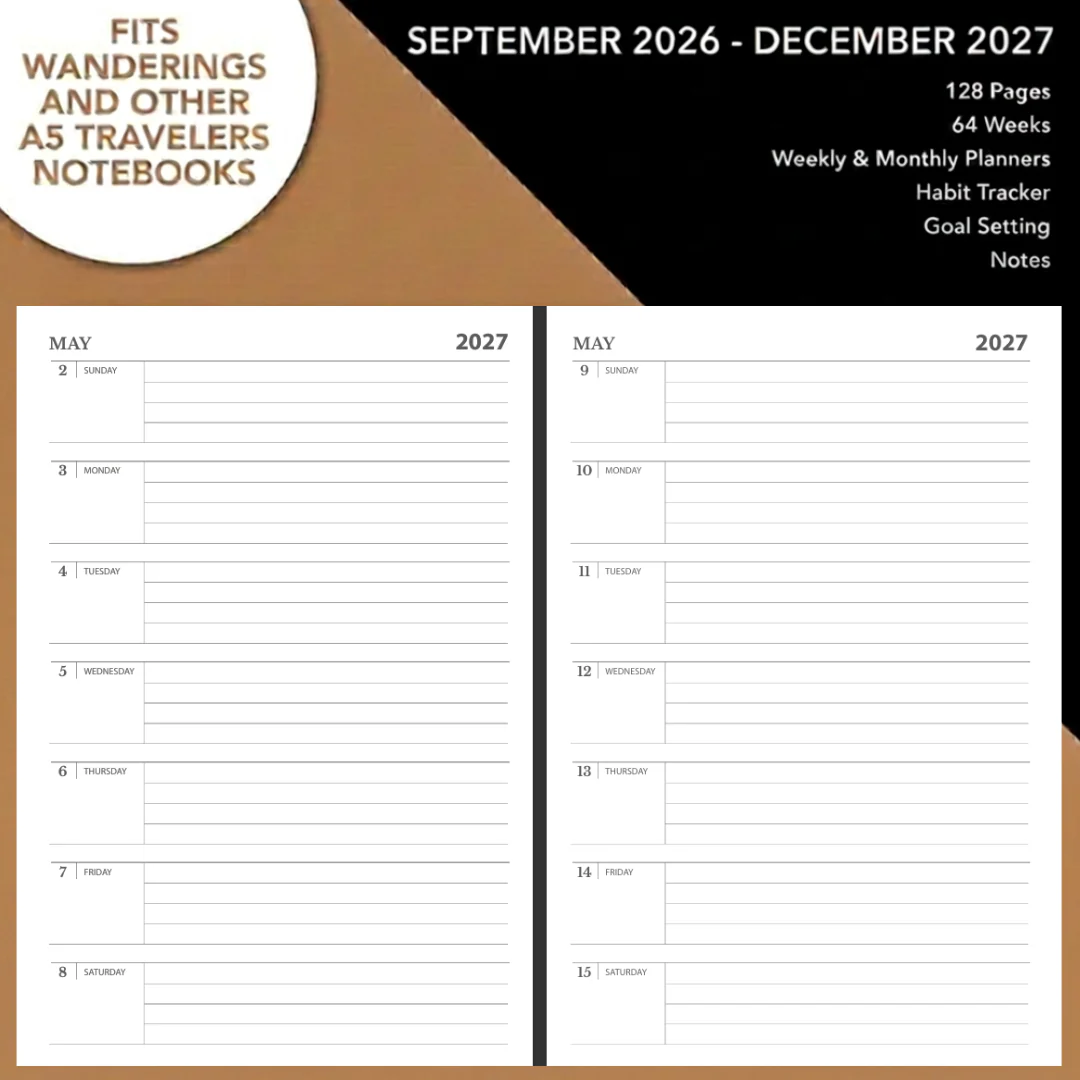 A5 Traveler's Notebook Calendar Refill Inserts – 5.8" x 8.4" (14.2 x 21cm) – Sep 2026 to December 2027 - Image 3