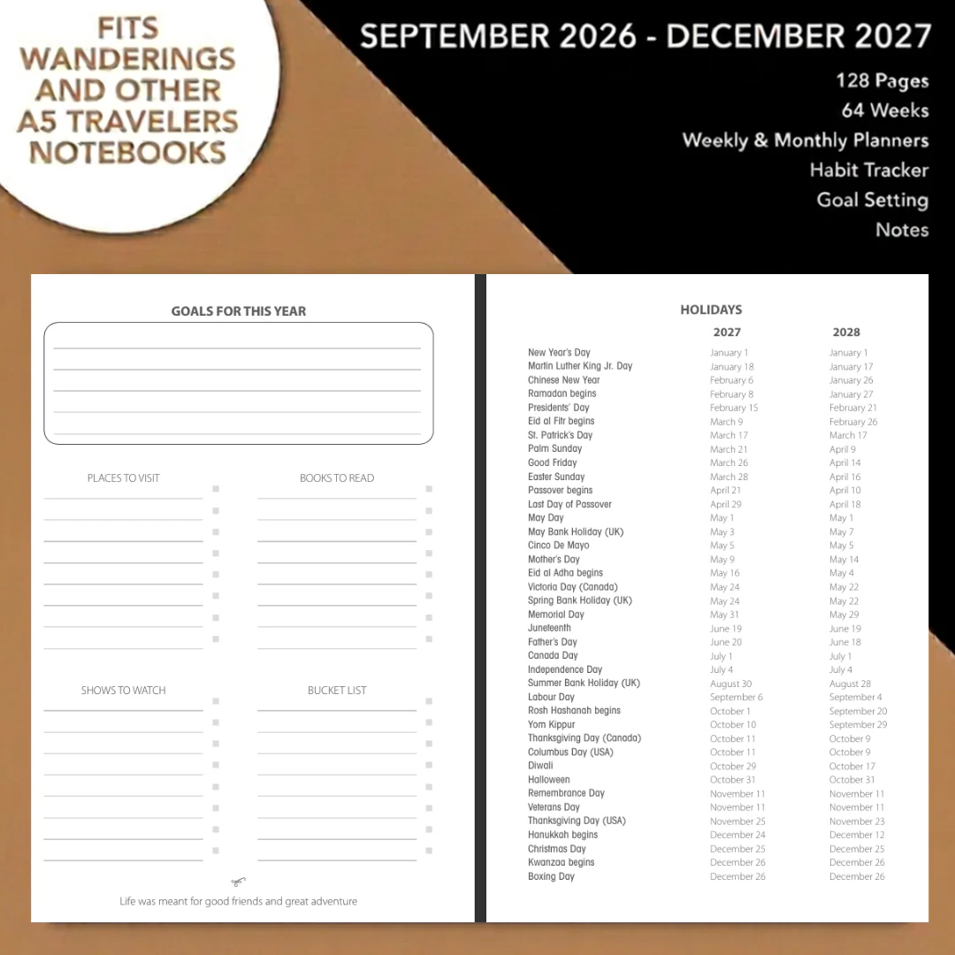 A5 Traveler's Notebook Calendar Refill Inserts – 5.8" x 8.4" (14.2 x 21cm) – Sep 2026 to December 2027 - Image 4