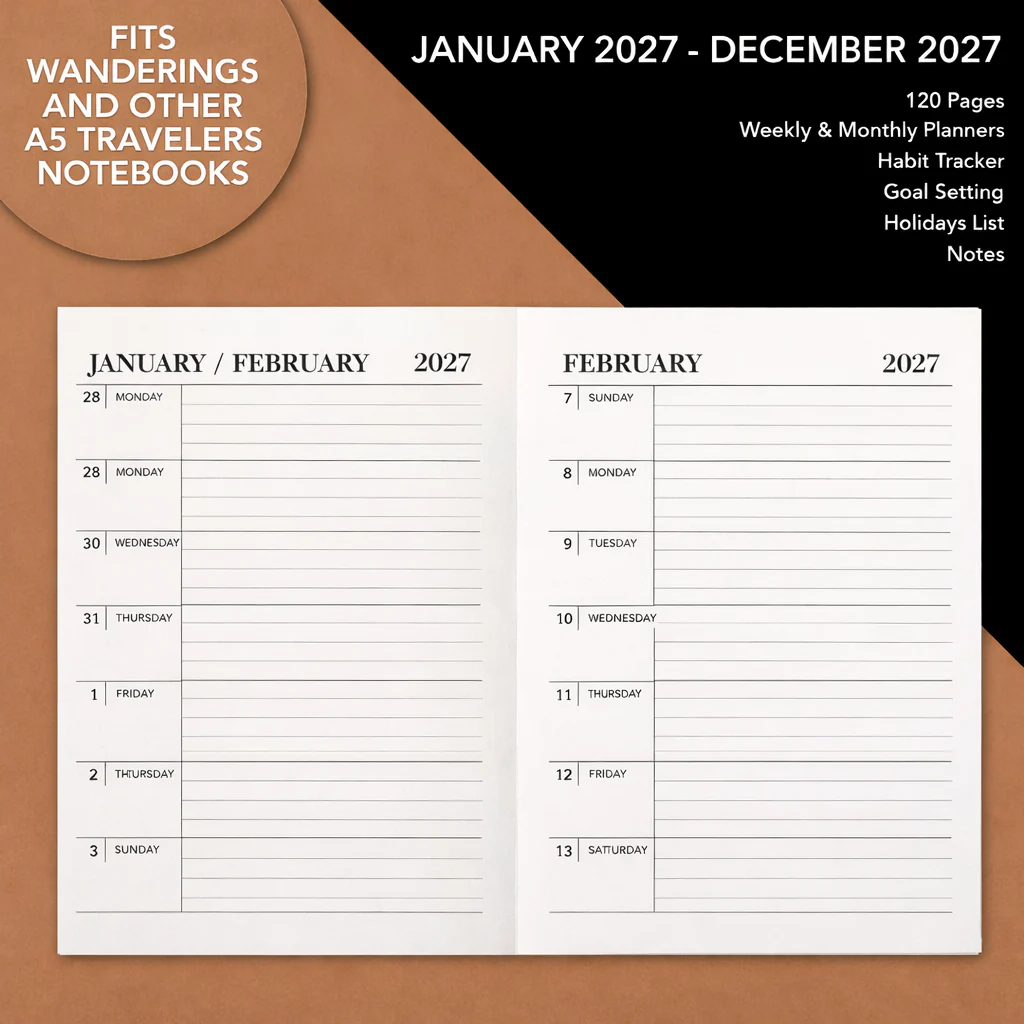 A5 and Regular Traveler's Notebook Dated Calendar Refill - January 2027 - December 2027 - Image 6