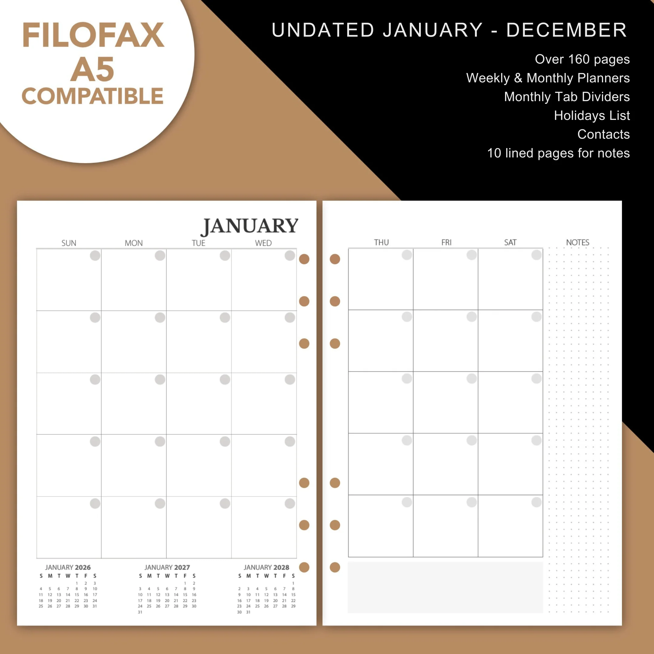 A5 Binder Undated Calendar Refills - 52 Weeks with Notes Section, 12 Months Jan - Dec - Image 5