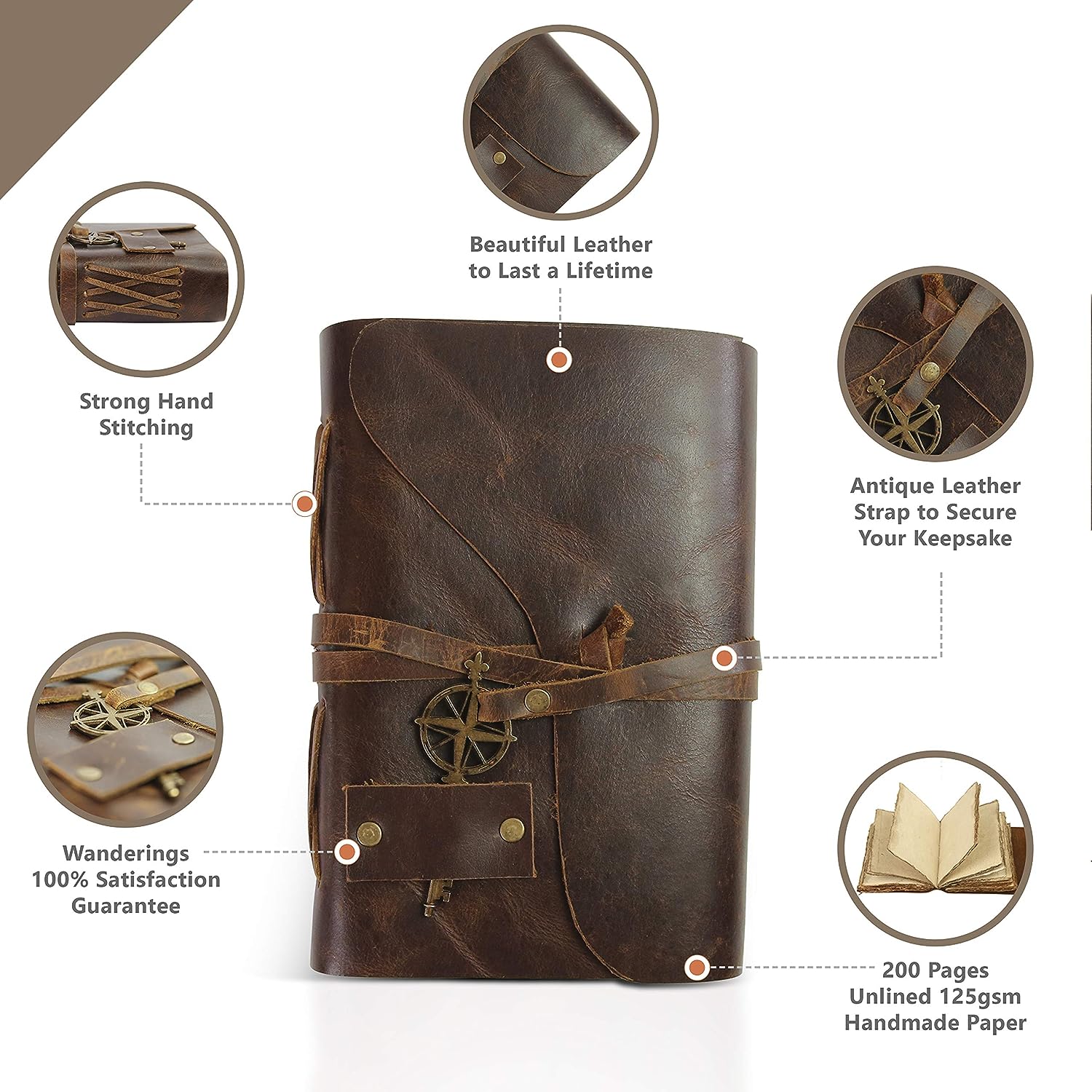 Vintage Leather Journal - Antique Handmade Leather Bound Journal with Old Fashioned Deckle Edge Paper - Image 3