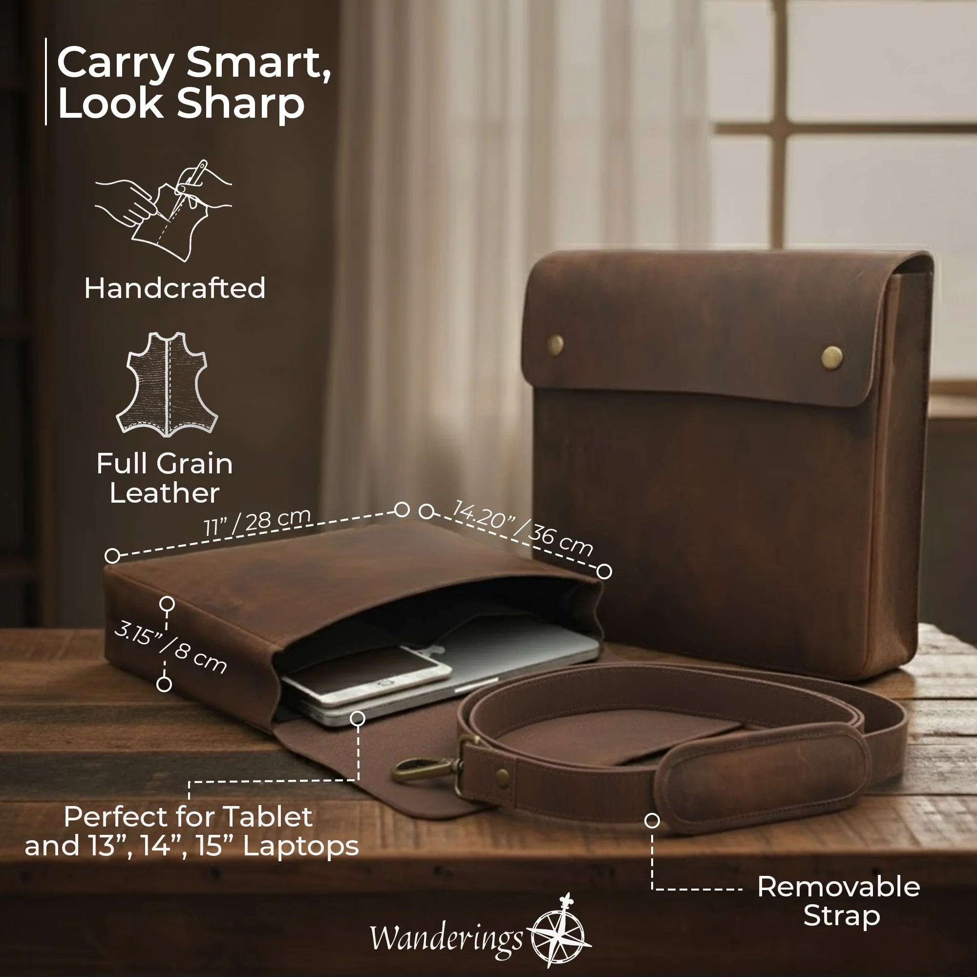 Genuine Full Grain Leather Folder with Removable Strap - Fits 15" 14" 13" Tablets and Laptops - Image 15