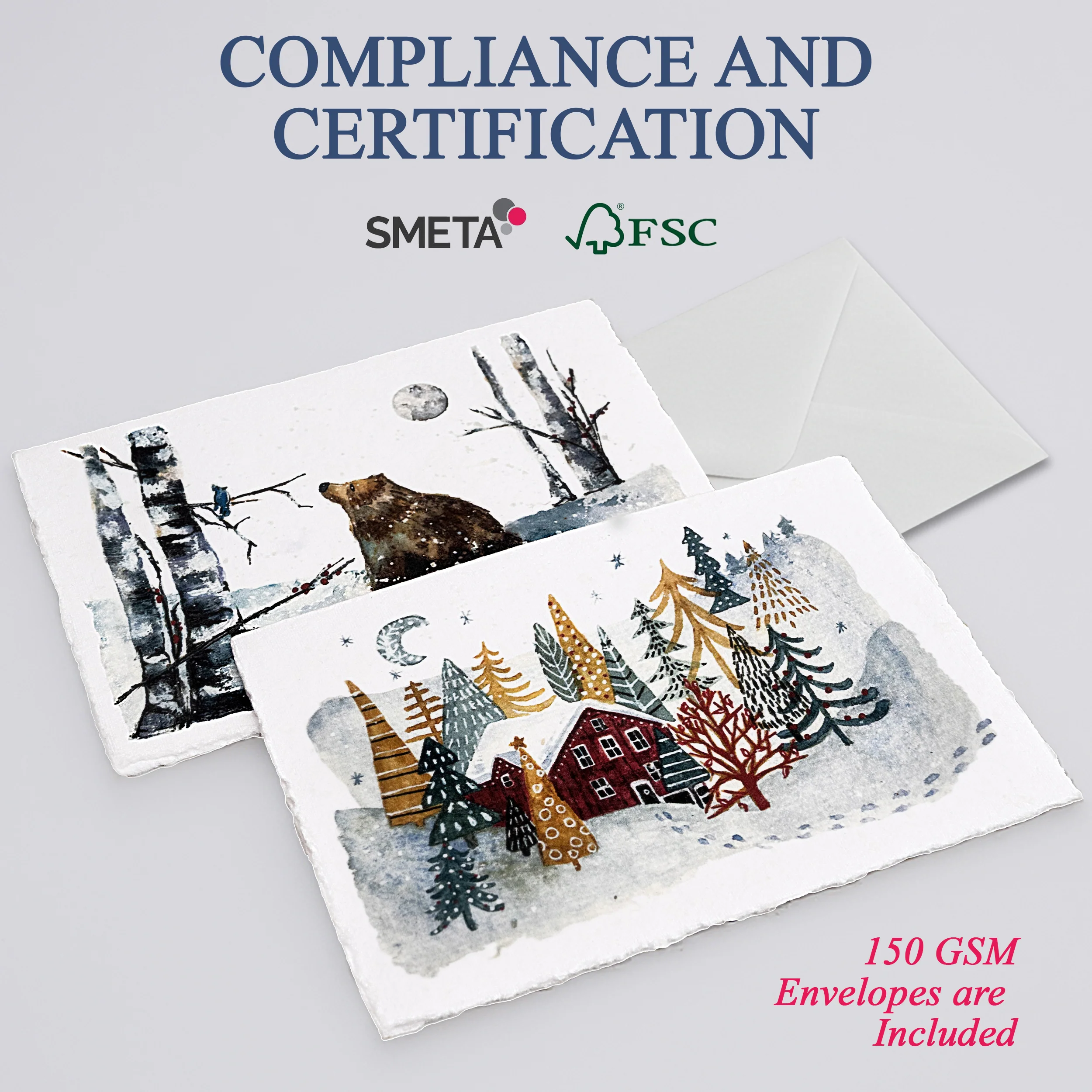 Handmade Deckle Edge Greeting Cards & Envelopes with Winter Art - 300gsm – 20 Cards (5 Each of 4 Varieties) - 5x7 - Image 8