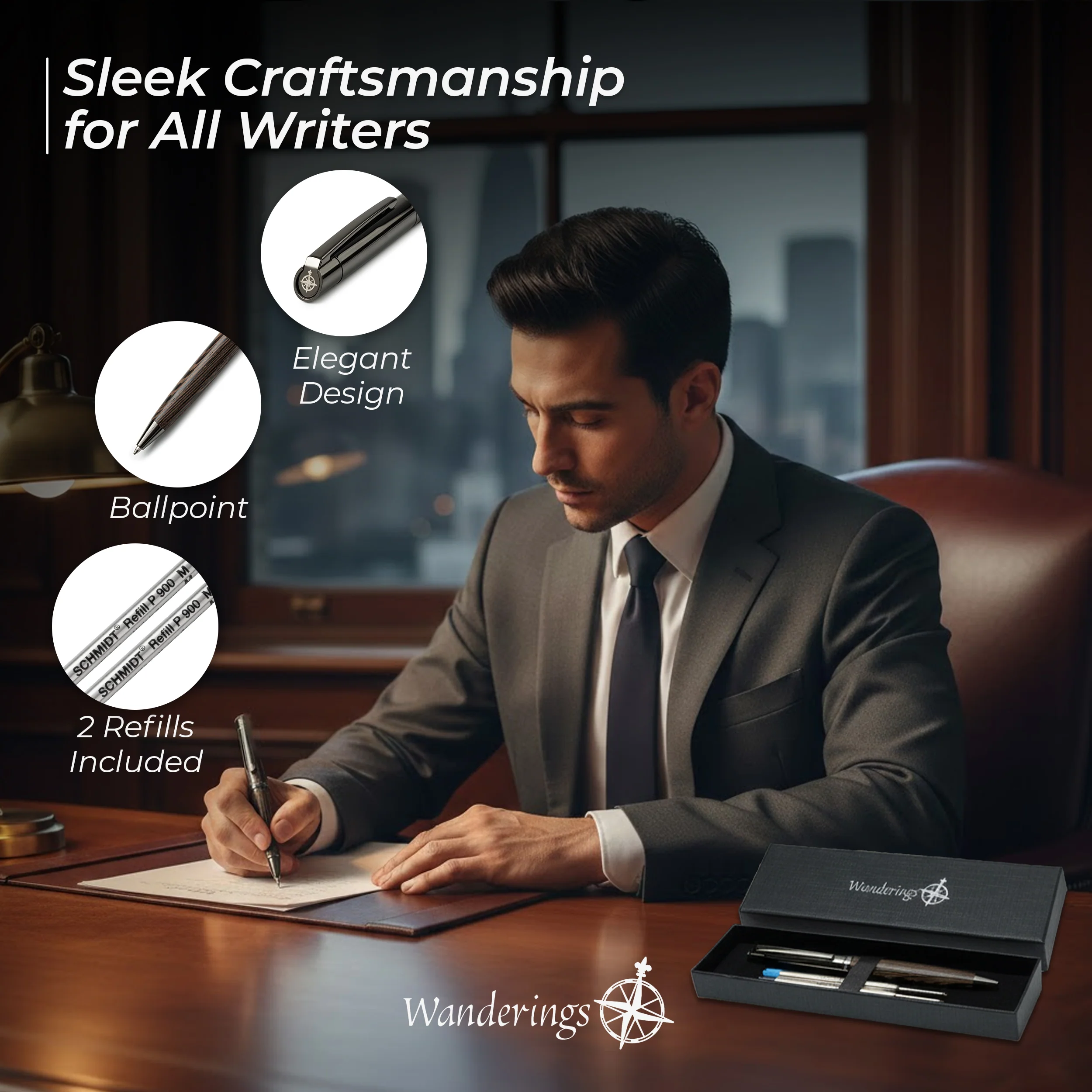 Wanderings Ballpoint Pen with German Ink – Beautifully Balanced for a Smooth Writing Experience - Light Brown and Real Wood Barrel - Includes 2 Refills in a Presentation Case - Image 3