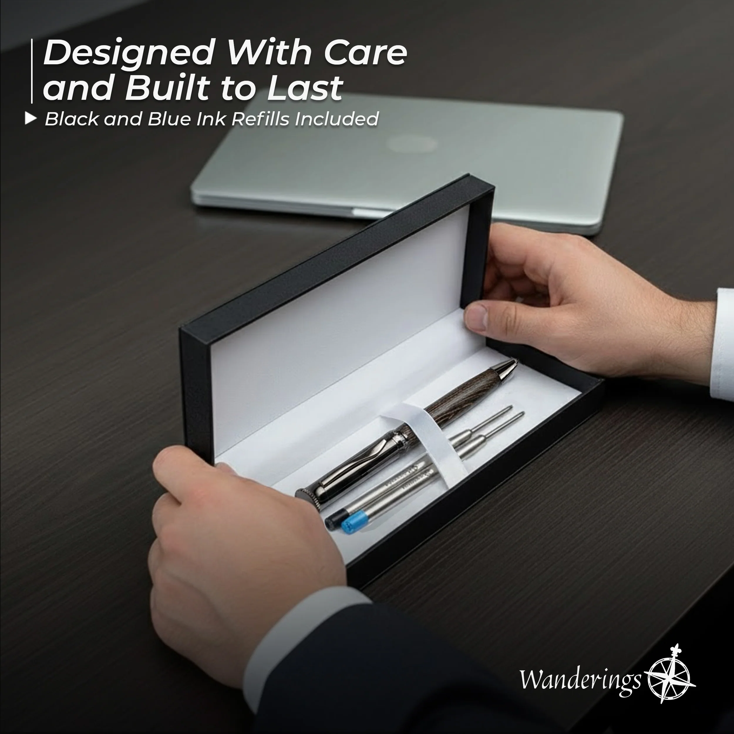 Wanderings Ballpoint Pen with German Ink – Beautifully Balanced for a Smooth Writing Experience - Gunmetal and Real Wood Barrel - Includes 2 Refills in a Giftable Presentation Case - Image 3