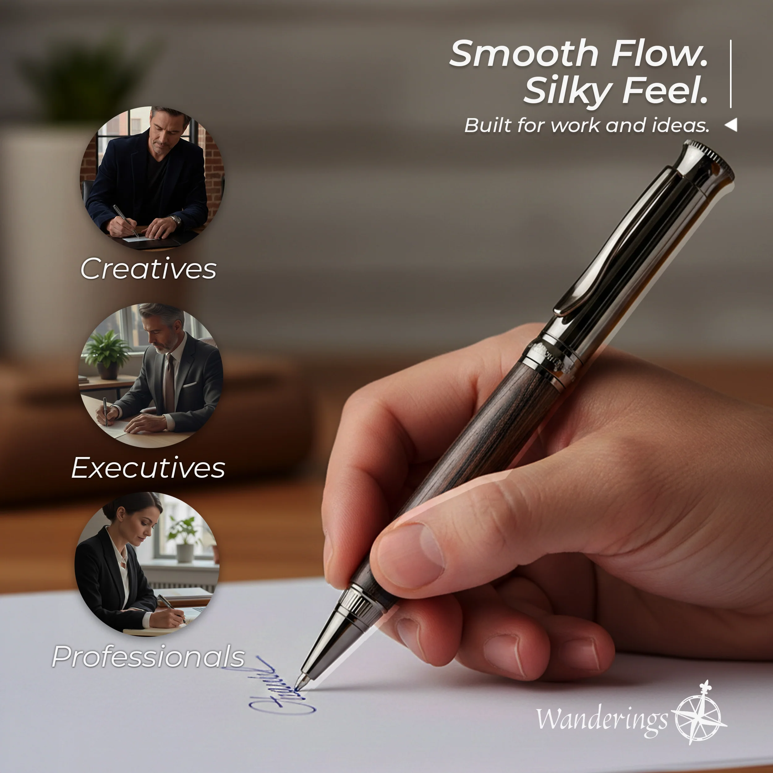 Wanderings Ballpoint Pen with German Ink – Beautifully Balanced for a Smooth Writing Experience - Gunmetal and Real Wood Barrel - Includes 2 Refills in a Giftable Presentation Case - Image 4