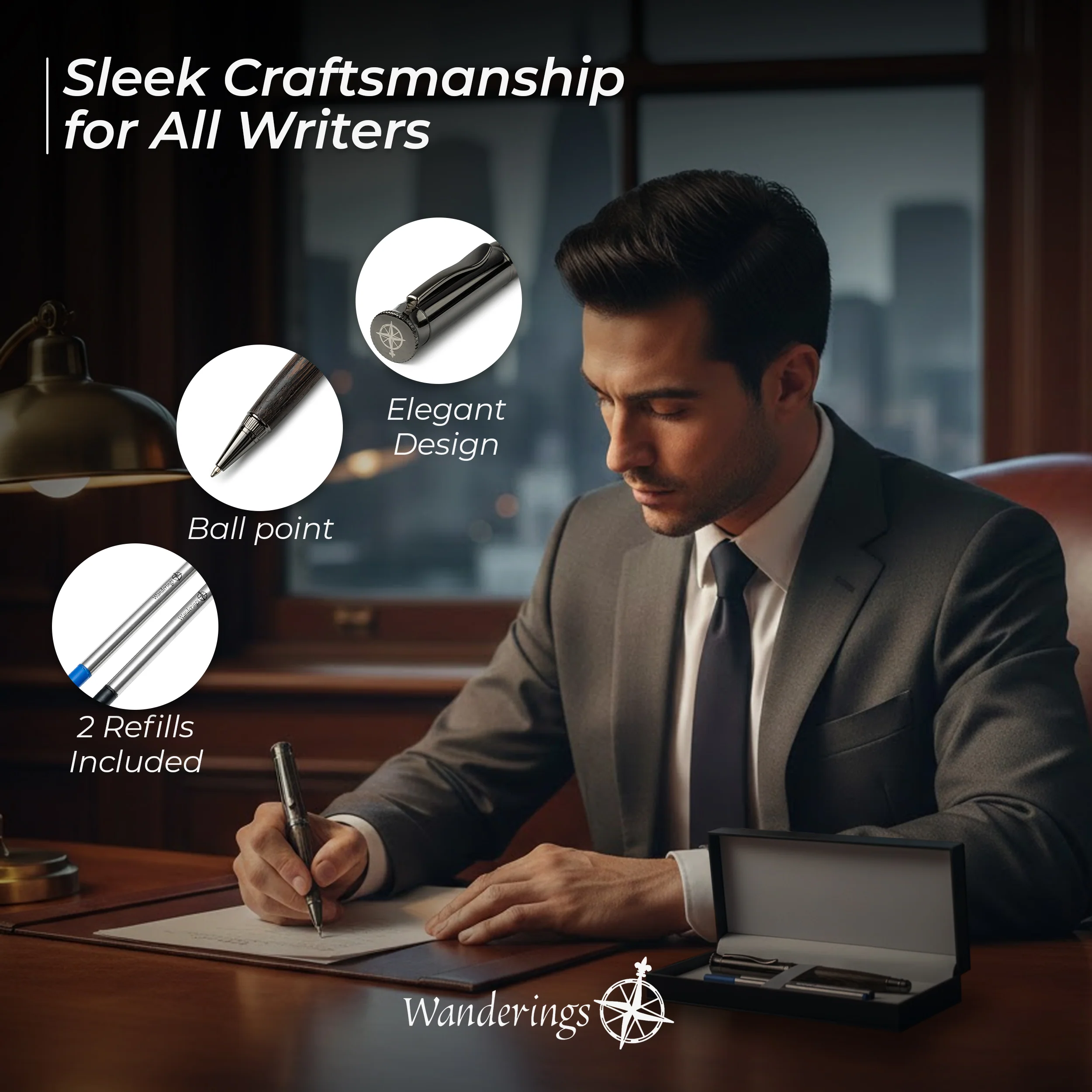 Wanderings Ballpoint Pen with German Ink – Beautifully Balanced for a Smooth Writing Experience - Gunmetal and Real Wood Barrel - Includes 2 Refills in a Giftable Presentation Case - Image 5
