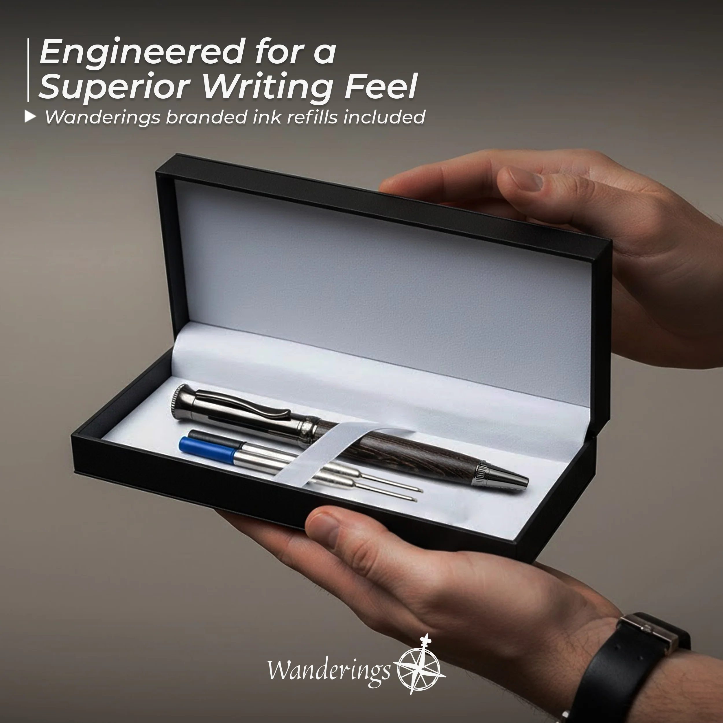 Wanderings Ballpoint Pen with German Ink – Beautifully Balanced for a Smooth Writing Experience - Gunmetal and Real Wood Barrel - Includes 2 Refills in a Giftable Presentation Case - Image 7