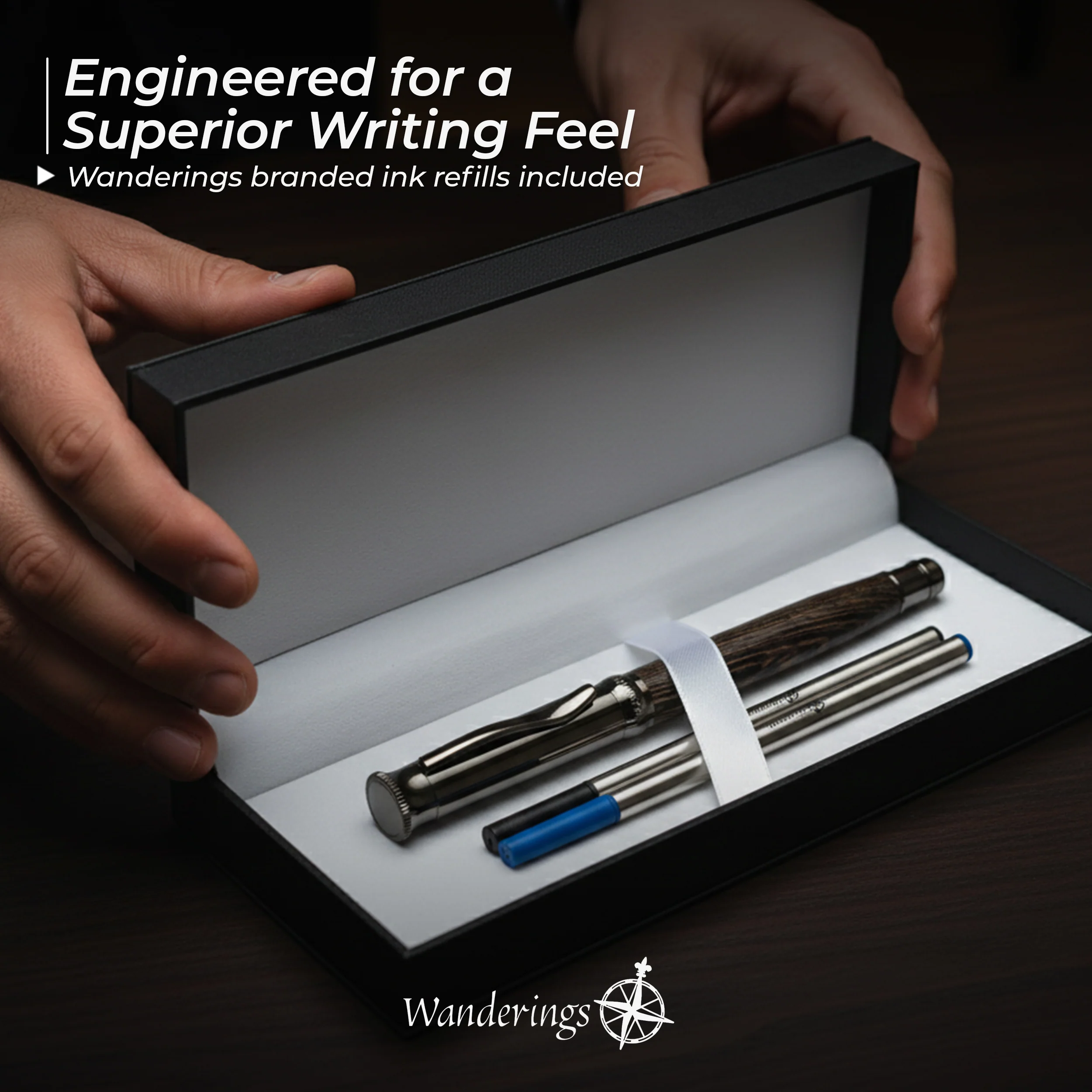 Wanderings Rollerball Pen with German Ink – Beautifully Balanced for a Smooth Writing Experience - Gunmetal and Real Wood Barrel - Includes 2 Refills in a Giftable Presentation Case - Image 3