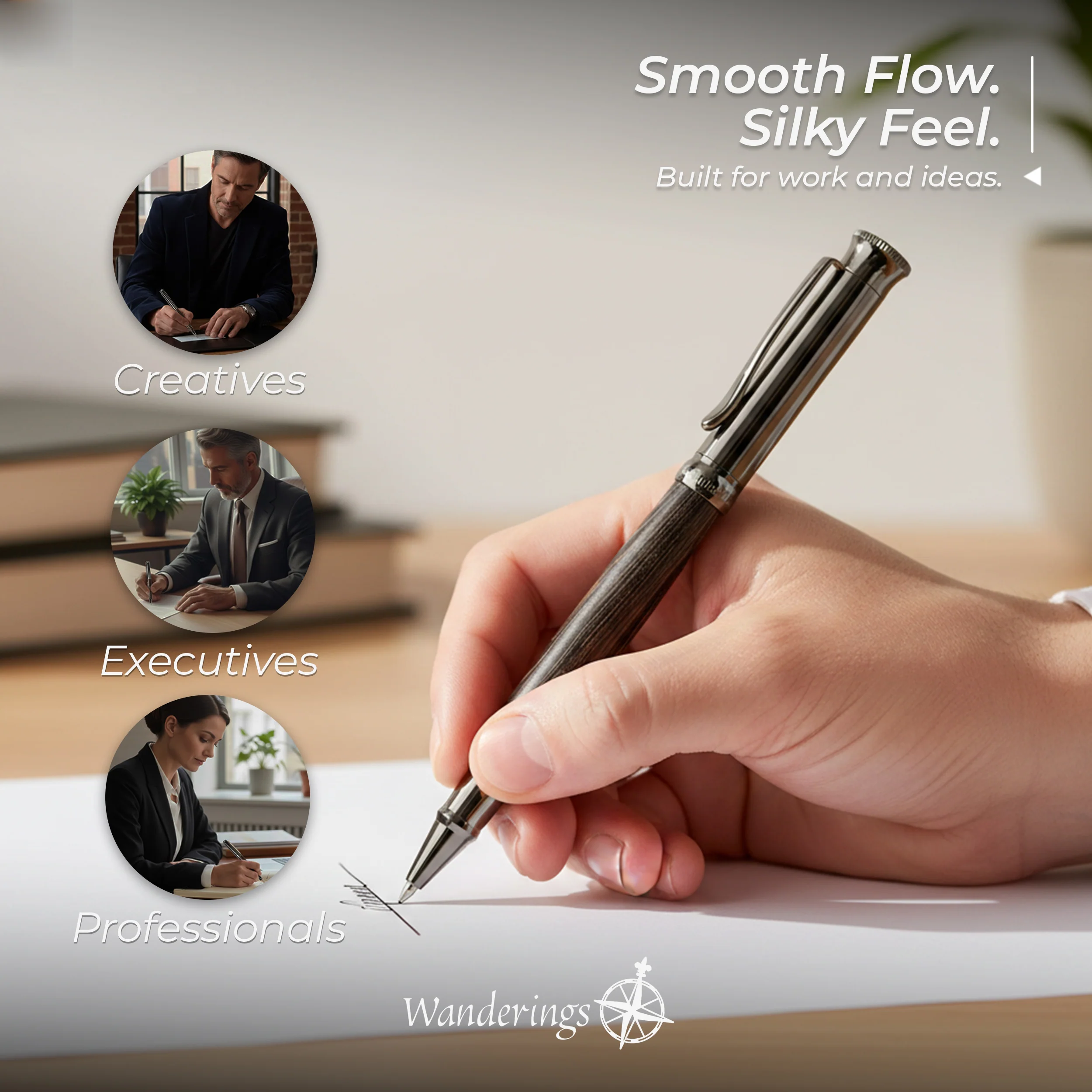 Wanderings Rollerball Pen with German Ink – Beautifully Balanced for a Smooth Writing Experience - Gunmetal and Real Wood Barrel - Includes 2 Refills in a Giftable Presentation Case - Image 4