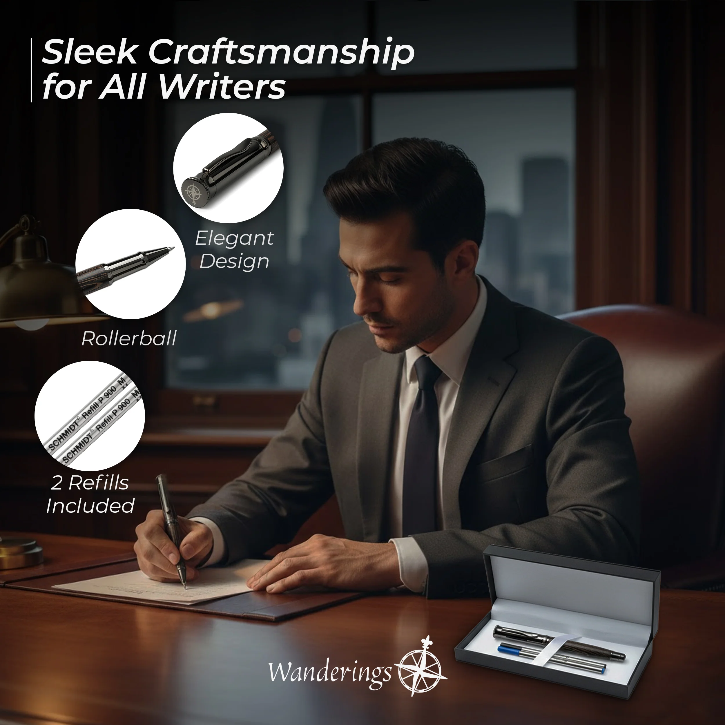 Wanderings Rollerball Pen with German Ink – Beautifully Balanced for a Smooth Writing Experience - Gunmetal and Real Wood Barrel - Includes 2 Refills in a Giftable Presentation Case - Image 5