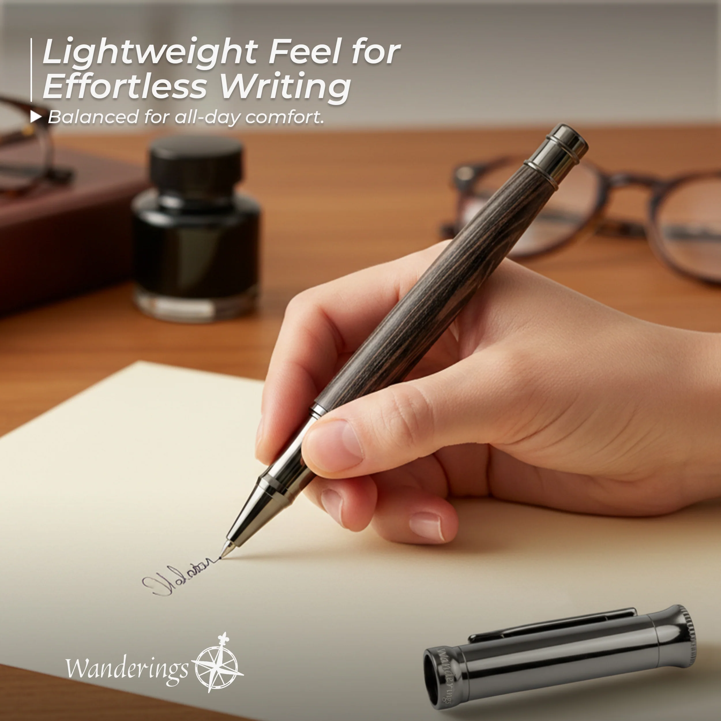 Wanderings Rollerball Pen with German Ink – Beautifully Balanced for a Smooth Writing Experience - Gunmetal and Real Wood Barrel - Includes 2 Refills in a Giftable Presentation Case - Image 6