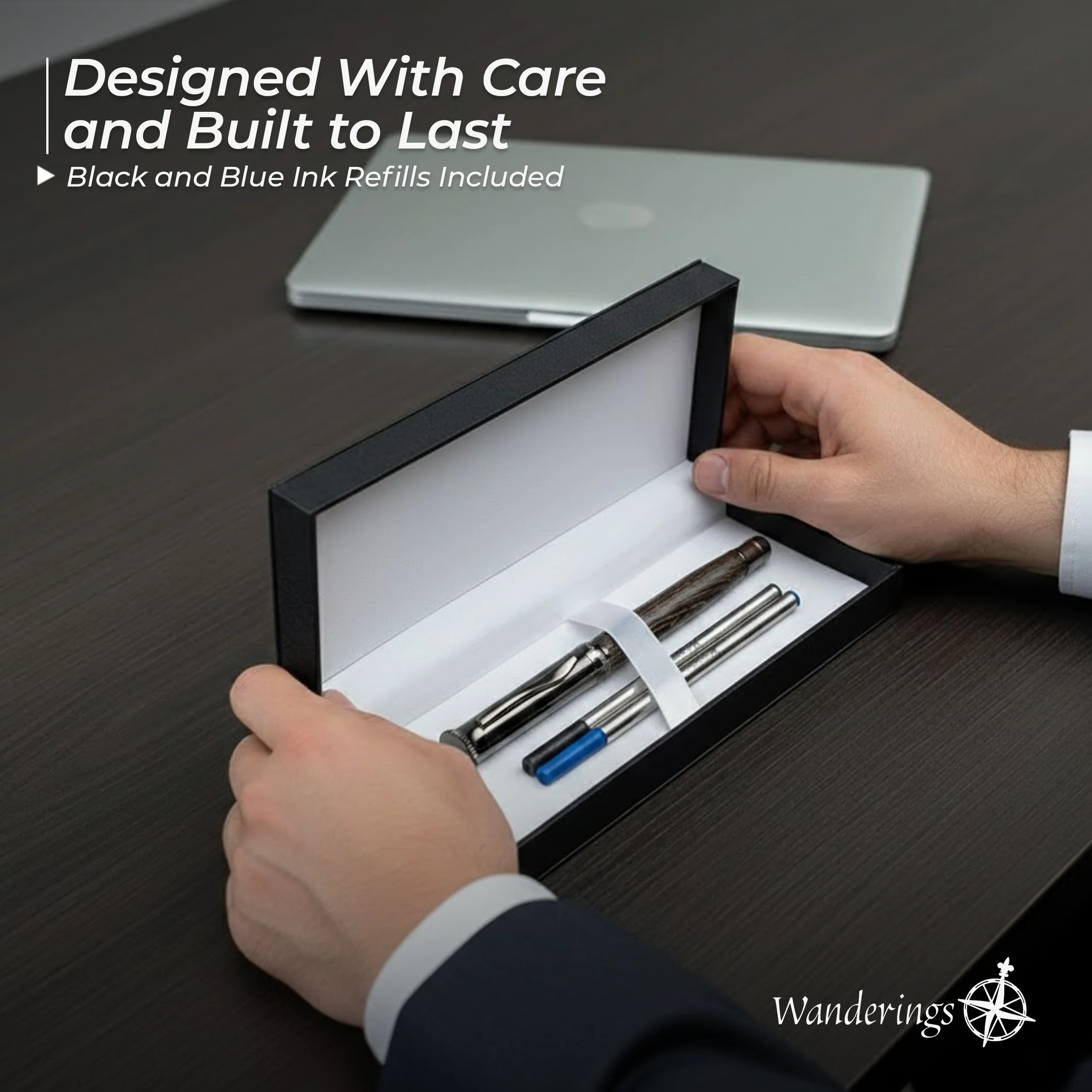 Wanderings Rollerball Pen with German Ink – Beautifully Balanced for a Smooth Writing Experience - Gunmetal and Real Wood Barrel - Includes 2 Refills in a Giftable Presentation Case - Image 7