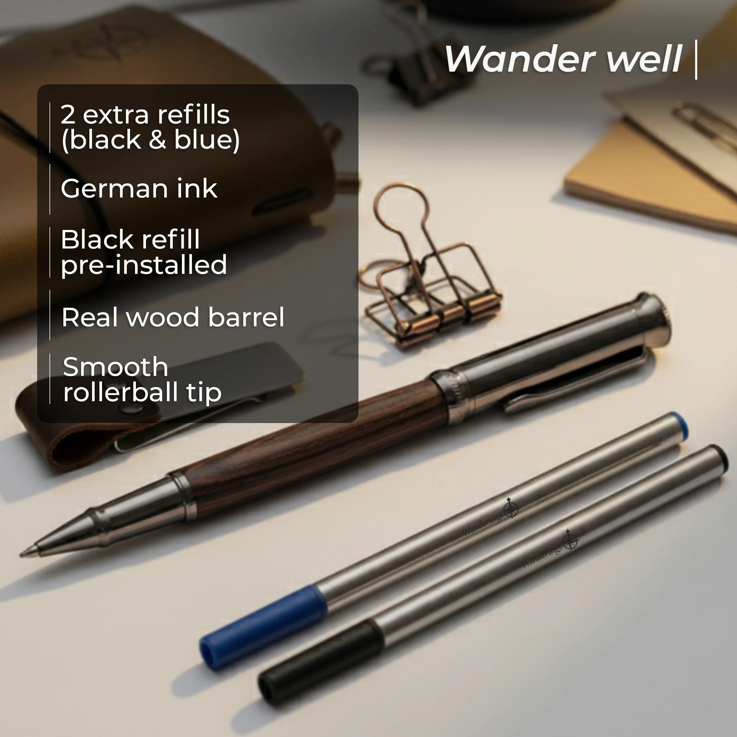 Travelers Notebook Bundle - With Pen Holder, Pen, 2 Extra Ink Refills, PVC Folder & Binder Clip - 3 Sizes - Image 3