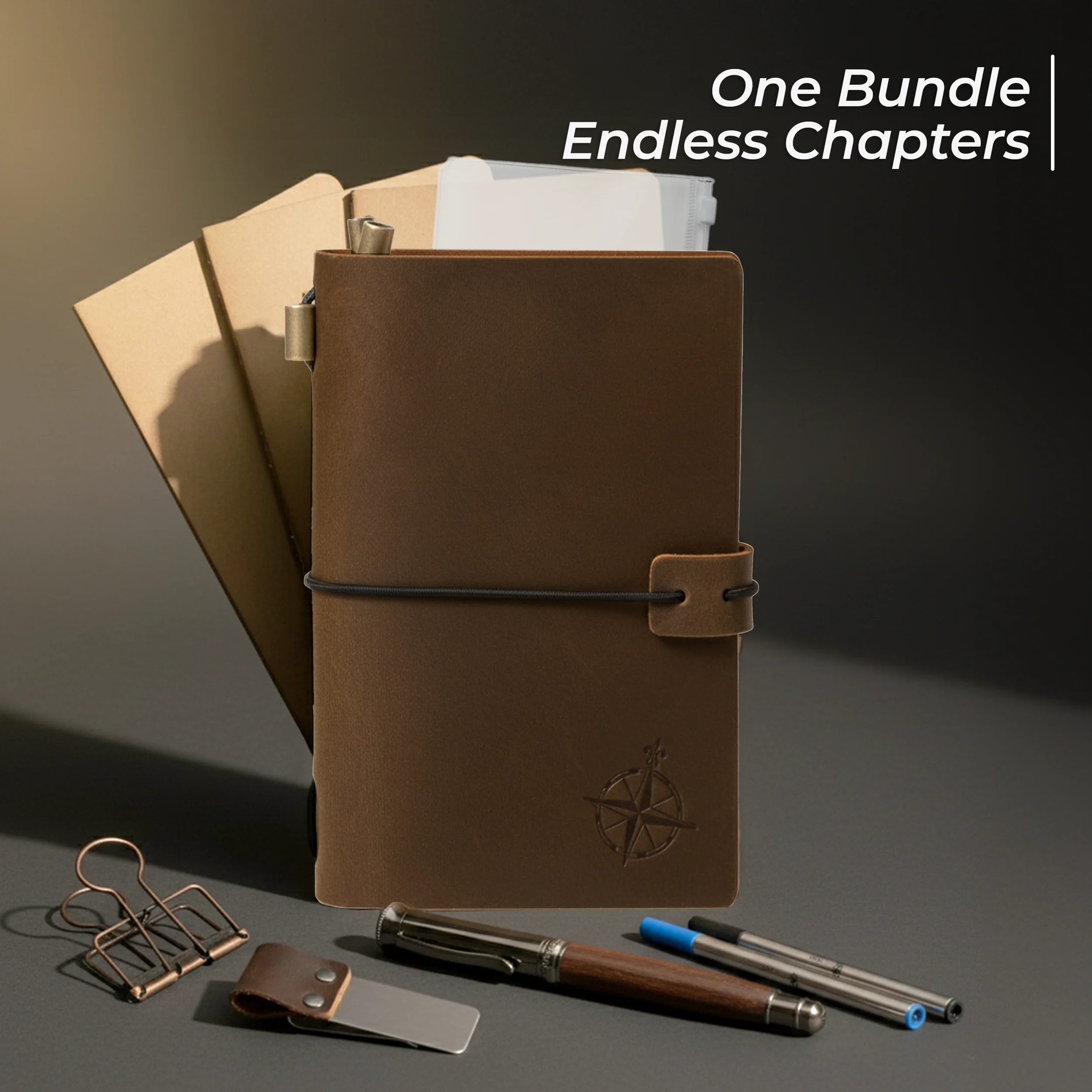 Travelers Notebook Bundle - With Pen Holder, Pen, 2 Extra Ink Refills, PVC Folder & Binder Clip - 3 Sizes - Image 4