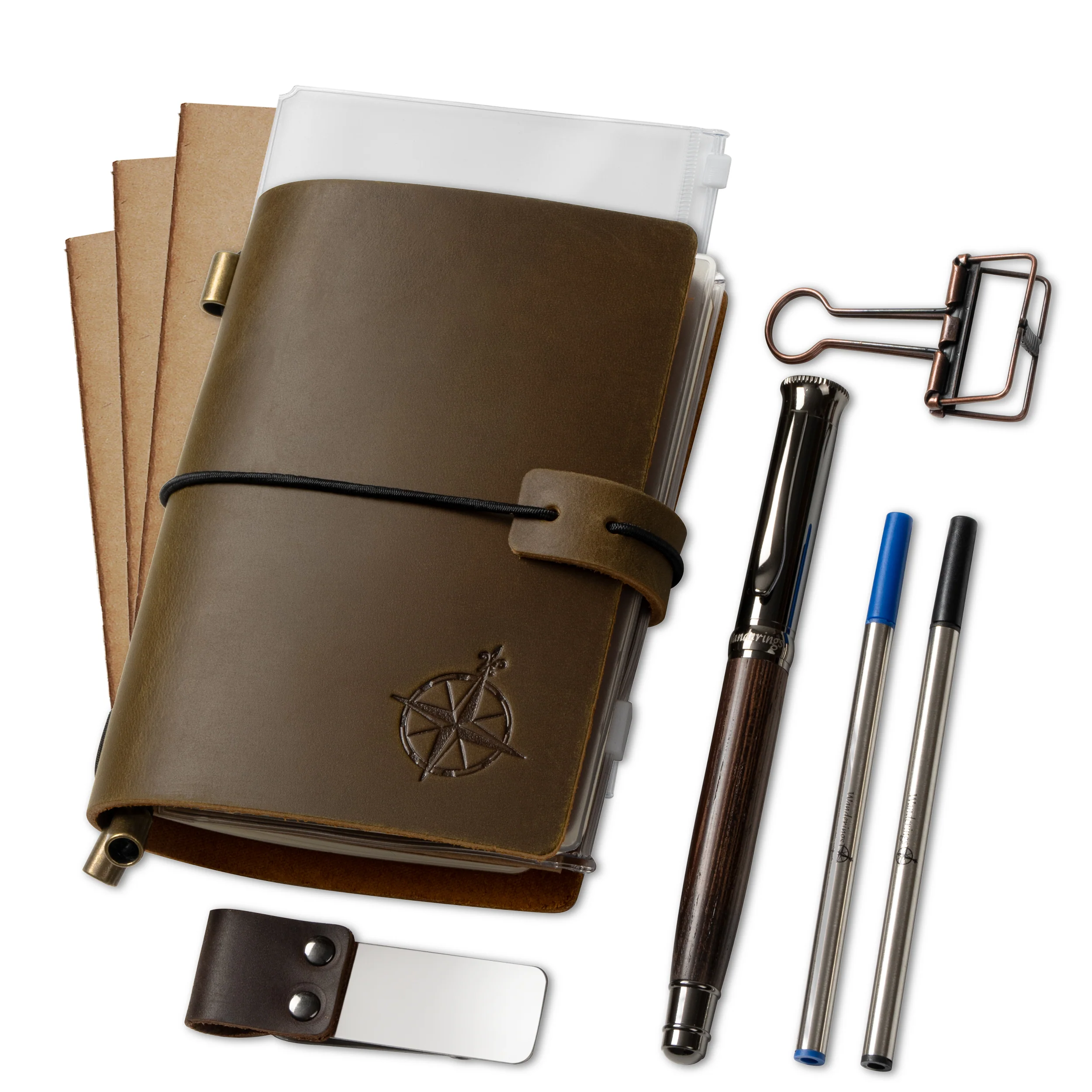 Travelers Notebook Bundle - With Pen Holder, Pen, 2 Extra Ink Refills, PVC Folder & Binder Clip - 3 Sizes - Image 9