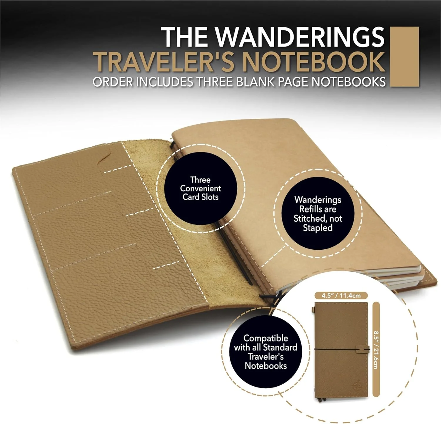 Standard / Regular Size Refillable Textured Leather Travelers Notebook with Pockets and Blank Inserts - 8.5x4.5"/ 22x11.5cm - Image 5