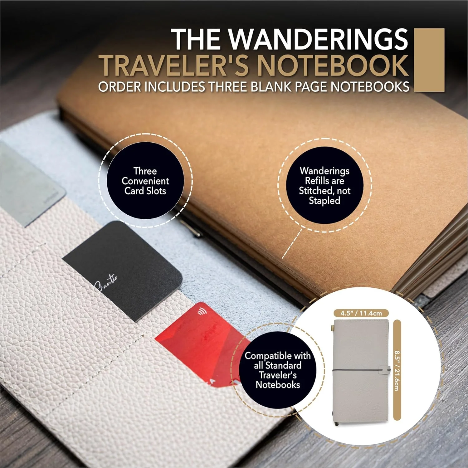 Standard / Regular Size Refillable Textured Leather Travelers Notebook with Pockets and Blank Inserts - 8.5x4.5"/ 22x11.5cm - Image 7