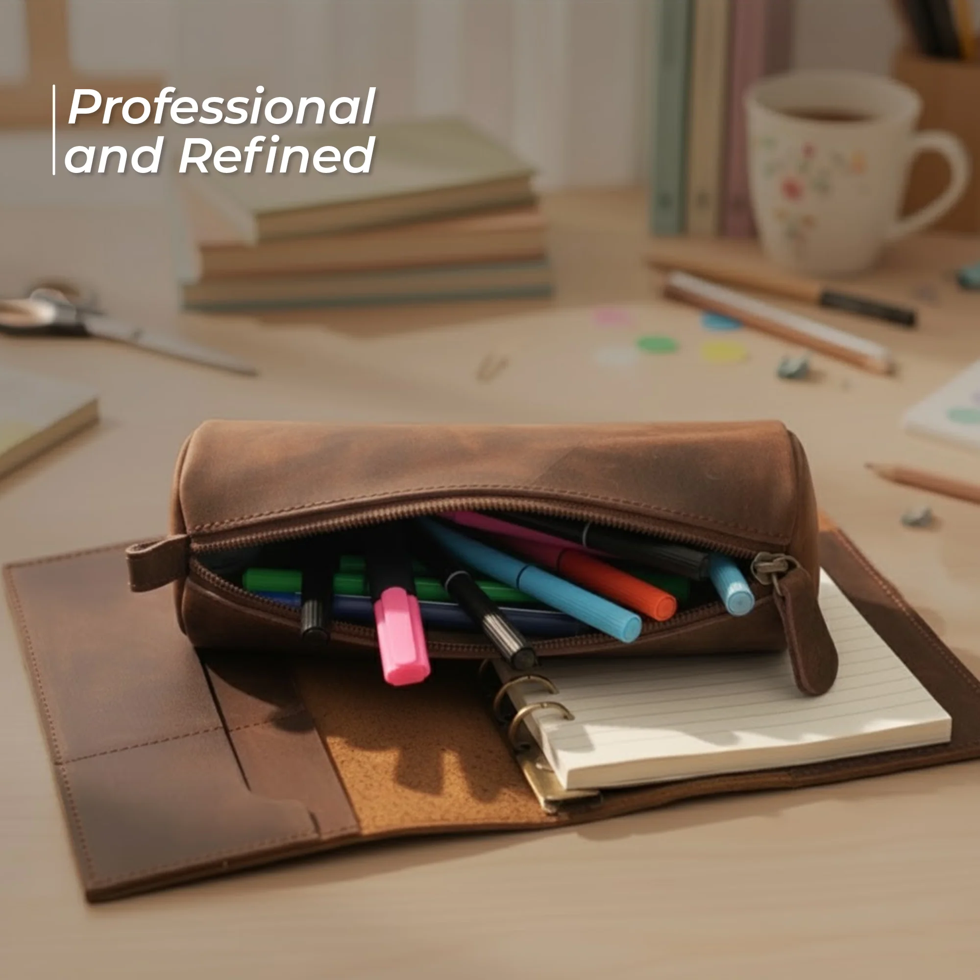 Small Triangle Leather Pencil Pouch Case – 8.5" / 21.6 cm – Handcrafted Full-Grain Leather Zipper Case - Image 4
