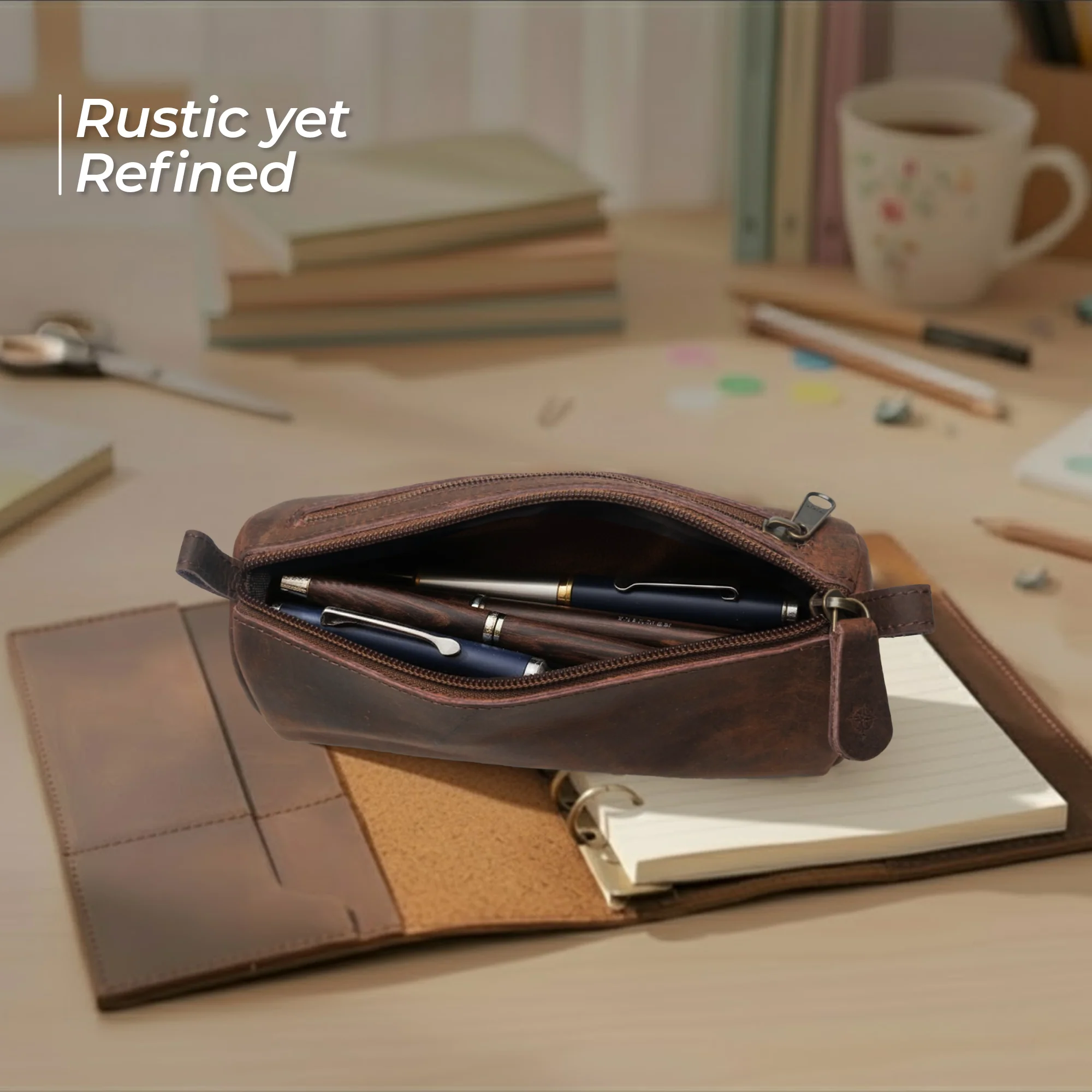 Small Triangle Leather Pencil Pouch Case – 8.5" / 21.6 cm – Handcrafted Full-Grain Leather Zipper Case - Image 6