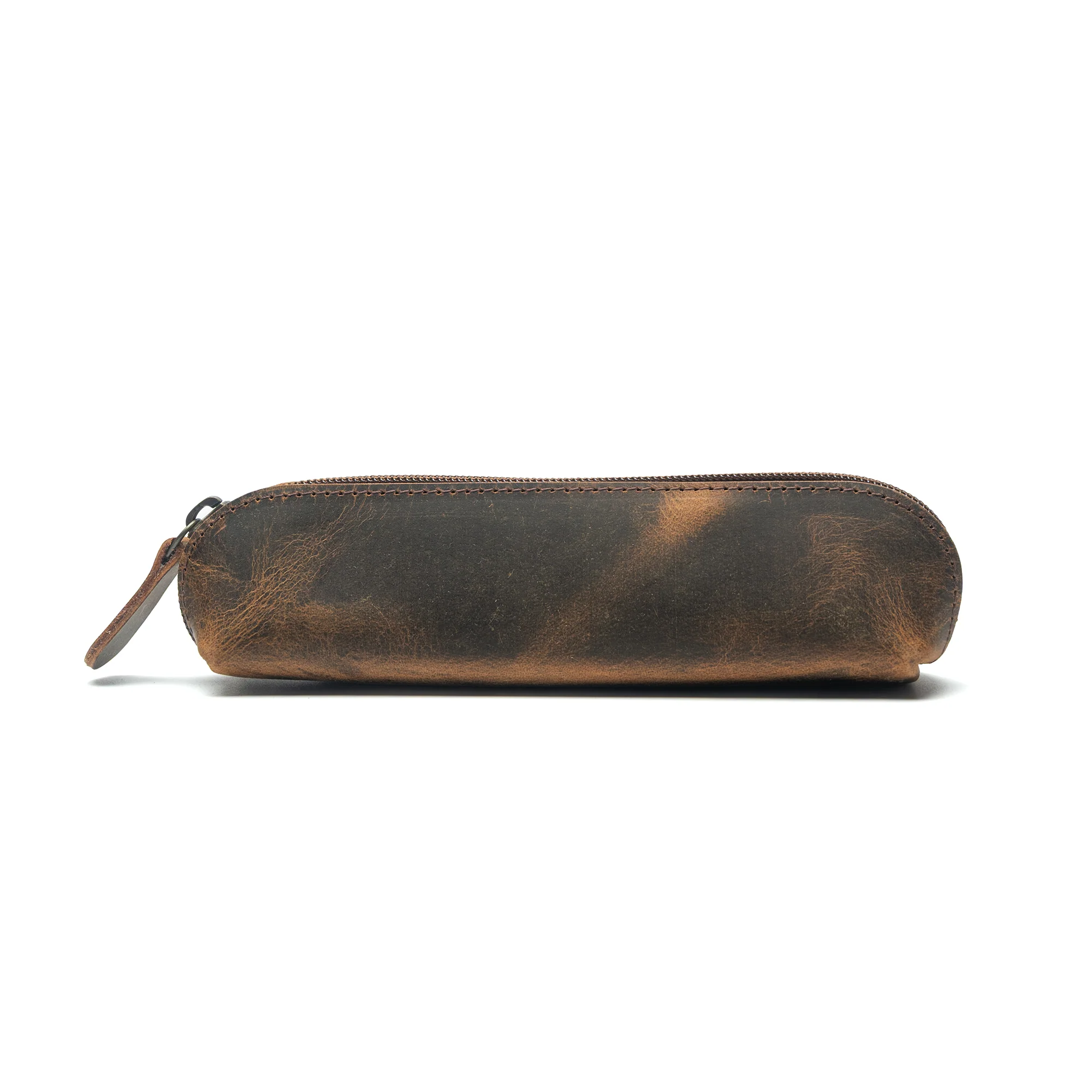Vintage Leather Pencil Pouch Case – 7" Round – Hand Crafted Functional Brown Leather Zipper Pouch - Round Pencil Case Holder for Men and Women - Image 3