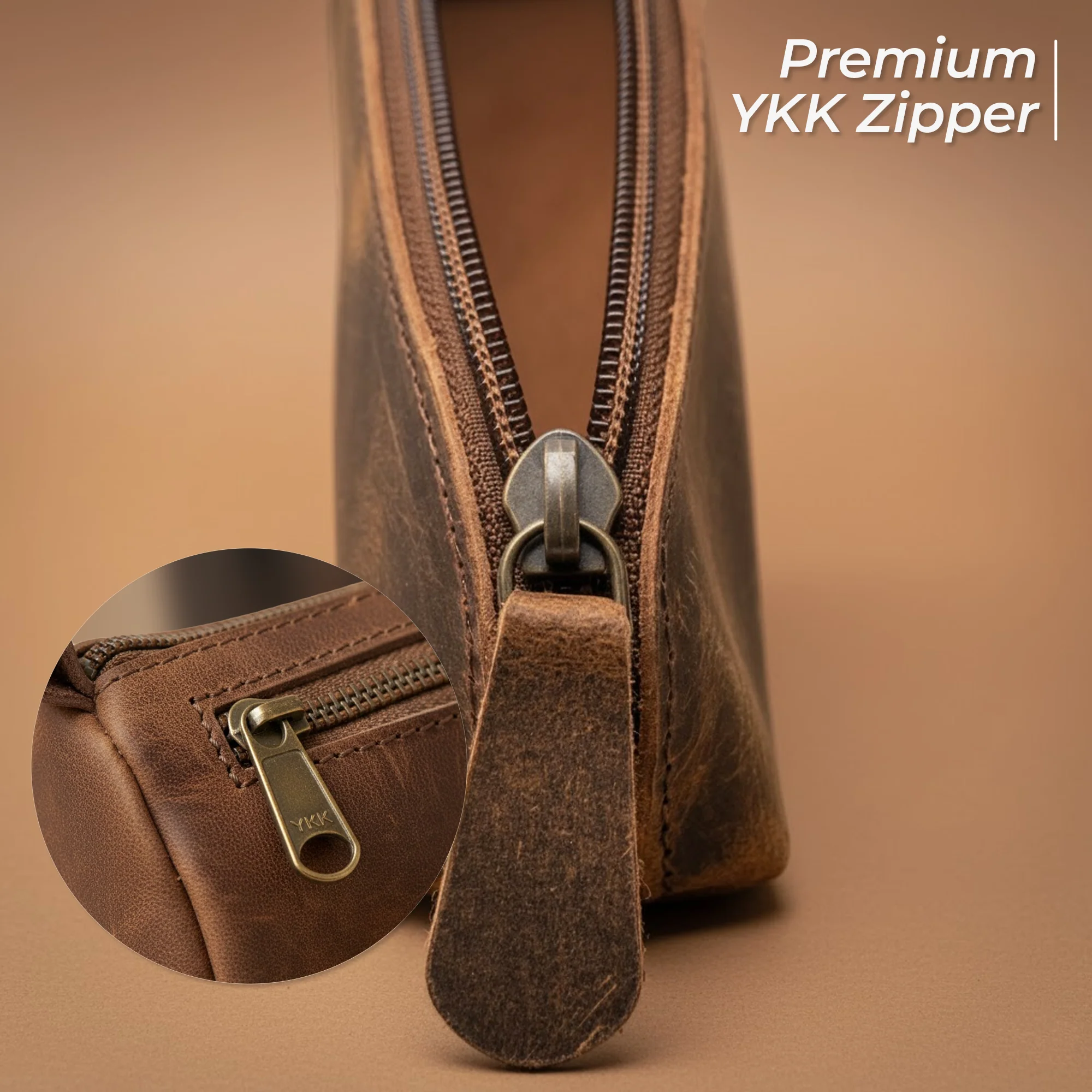 Vintage Leather Pencil Pouch Case – 7" Round – Hand Crafted Functional Brown Leather Zipper Pouch - Round Pencil Case Holder for Men and Women - Image 4