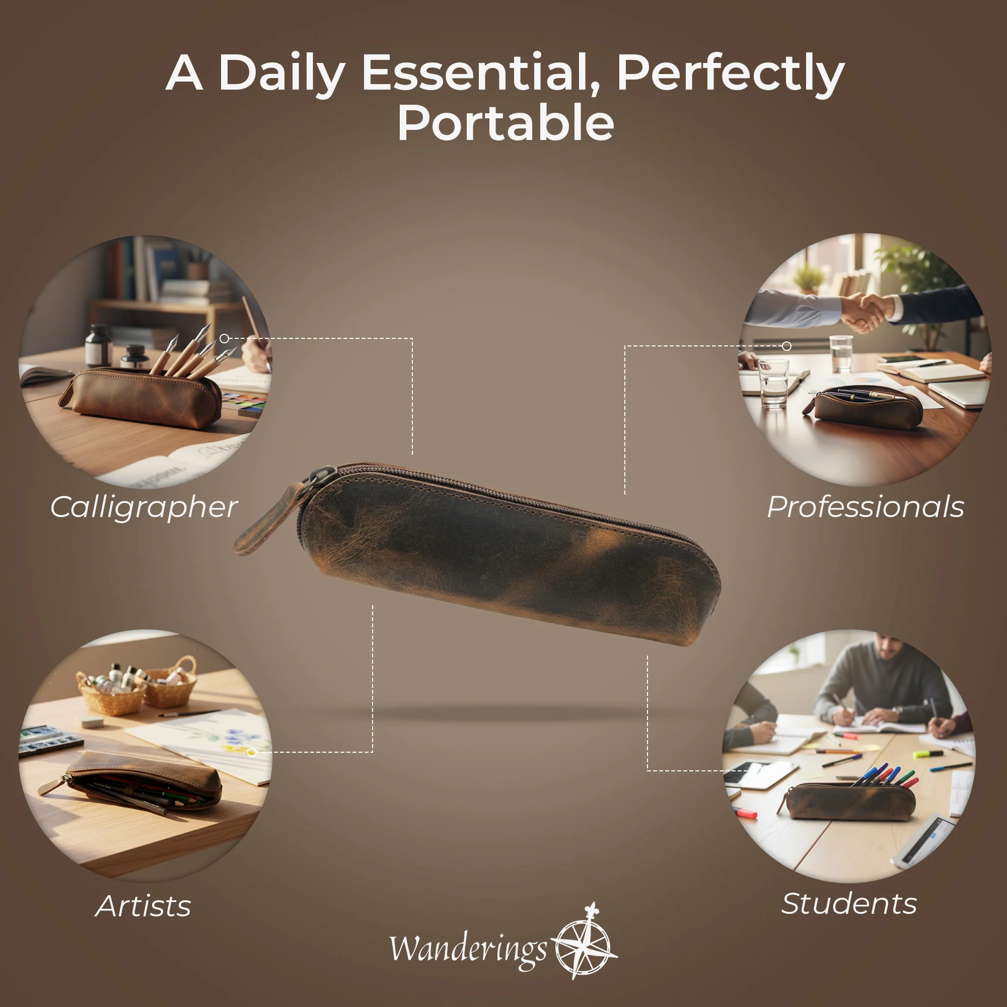 Vintage Leather Pencil Pouch Case – 7" Round – Hand Crafted Functional Brown Leather Zipper Pouch - Round Pencil Case Holder for Men and Women - Image 5
