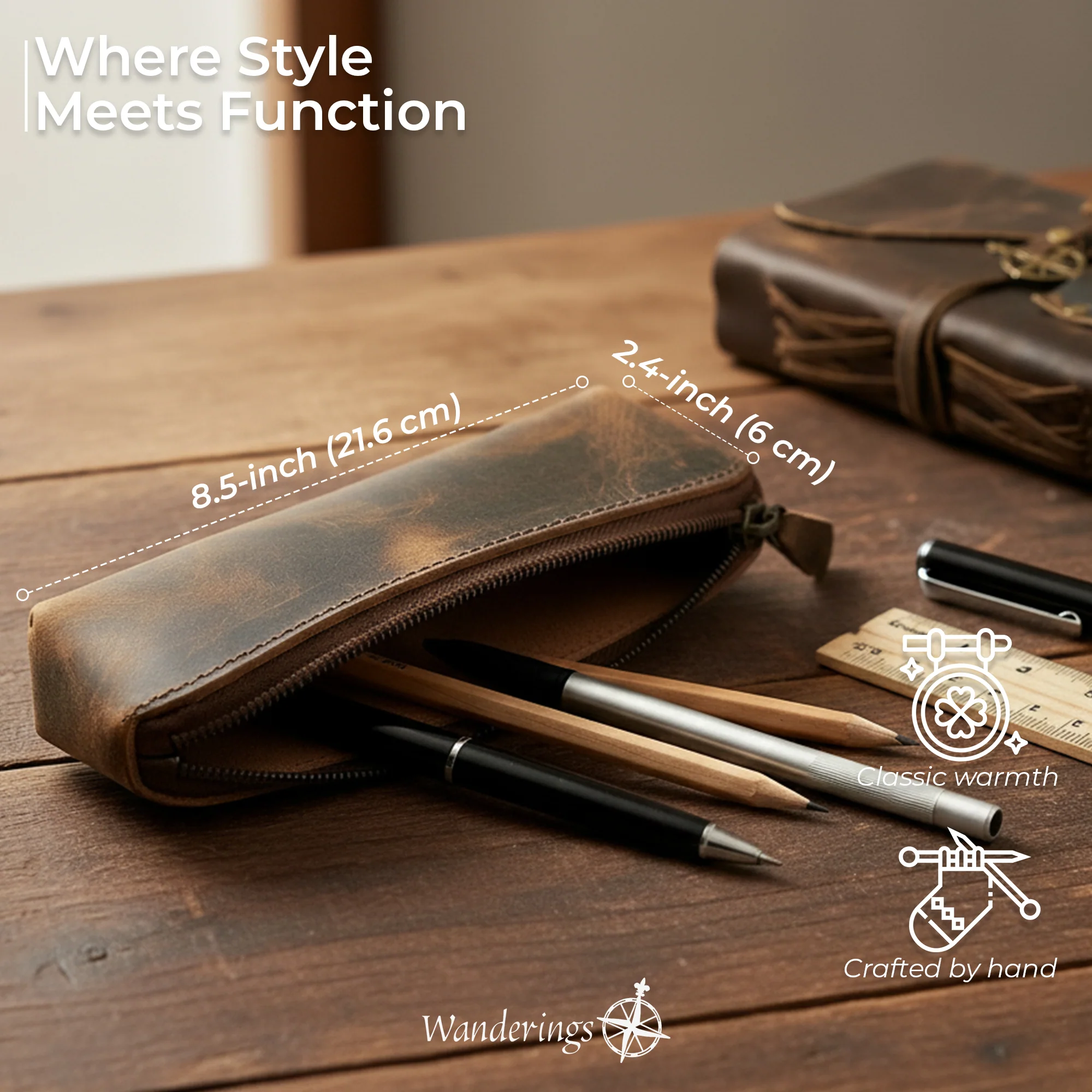 Vintage Leather Pencil Pouch Case – 7" Round – Hand Crafted Functional Brown Leather Zipper Pouch - Round Pencil Case Holder for Men and Women - Image 8