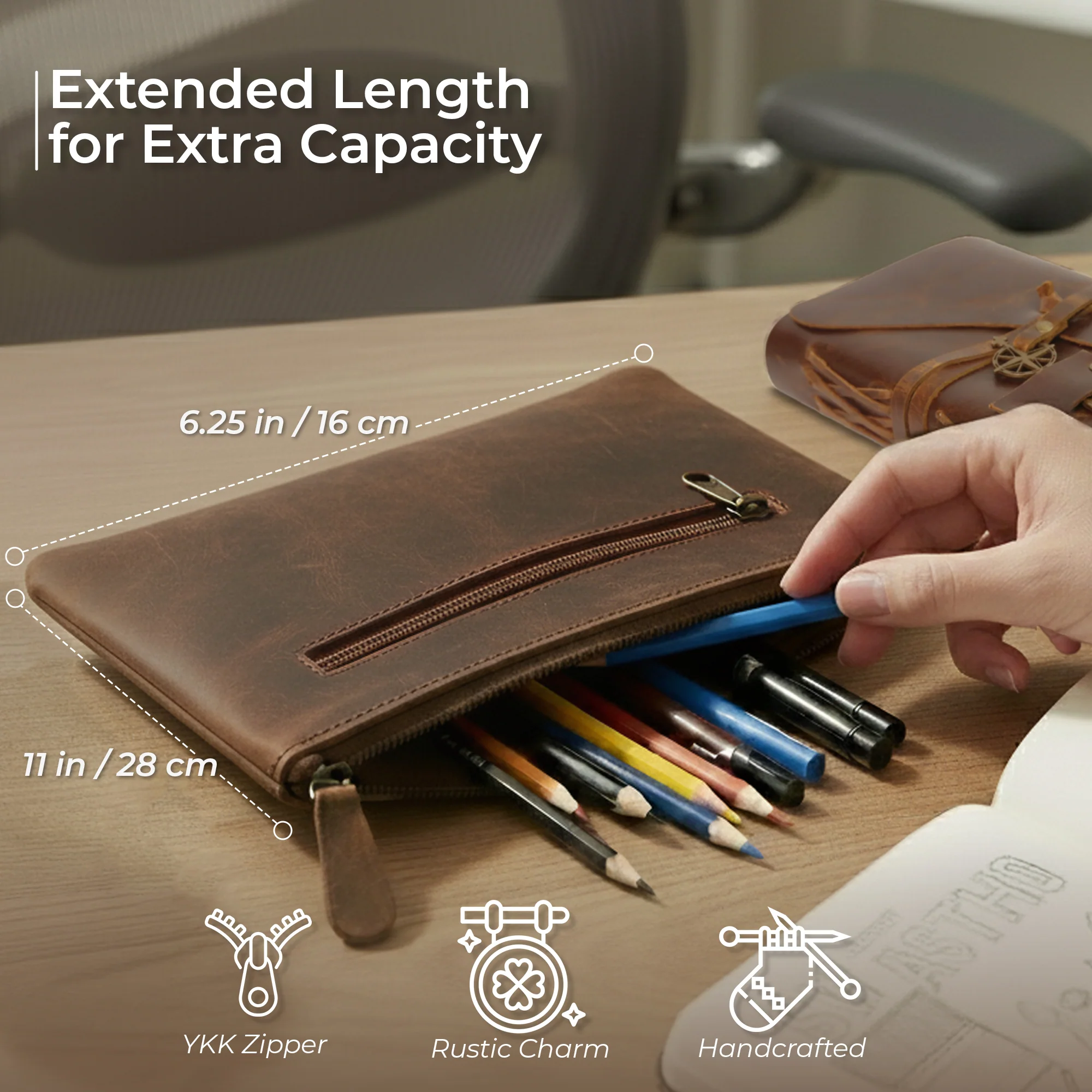 Vintage Leather Pencil Pouch Case - Large 6.5x11" / 16x28 cm - Hand Crafted Functional Brown Leather Zipper Pouch - Image 3