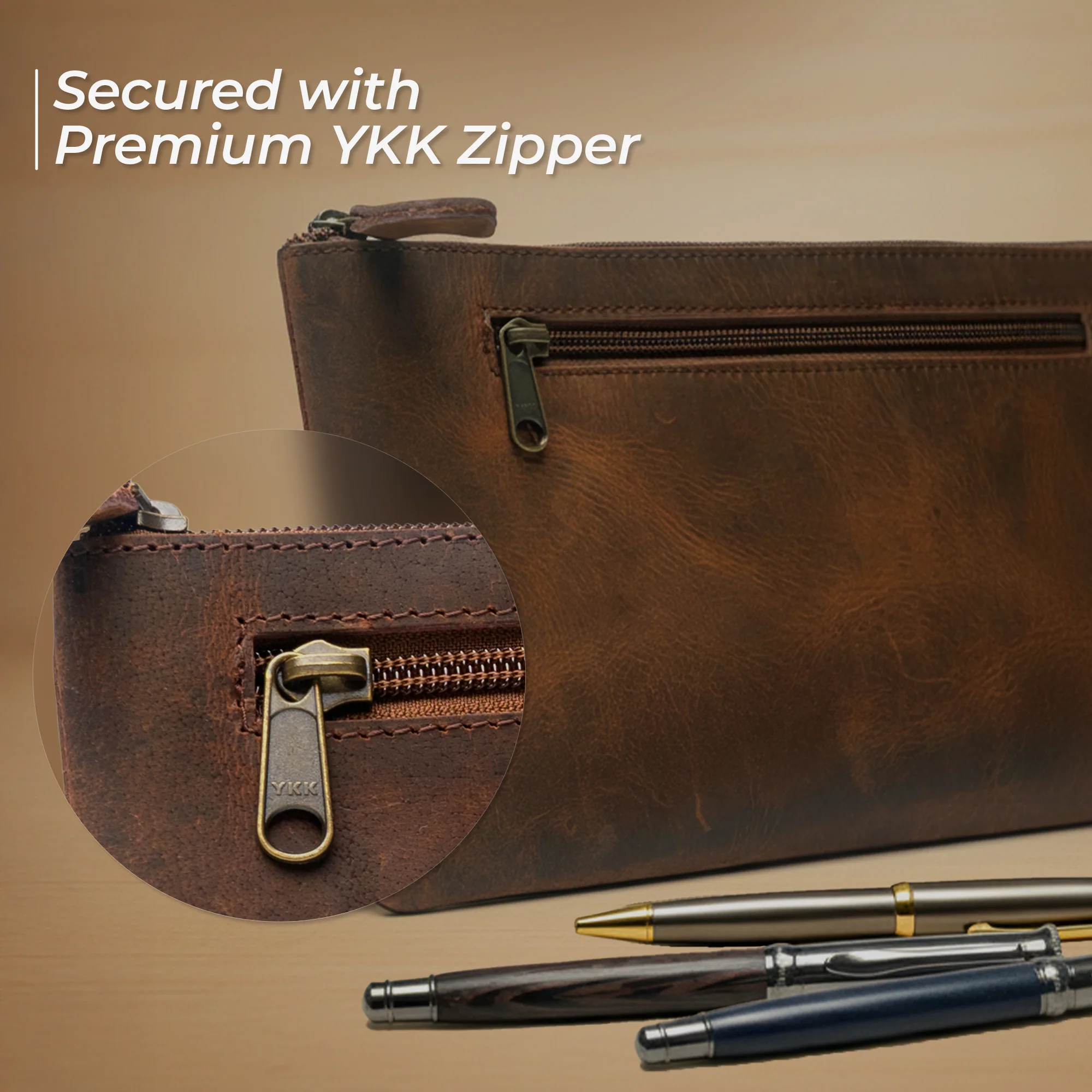 Vintage Leather Pencil Pouch Case - Large 6.5x11" / 16x28 cm - Hand Crafted Functional Brown Leather Zipper Pouch - Image 8