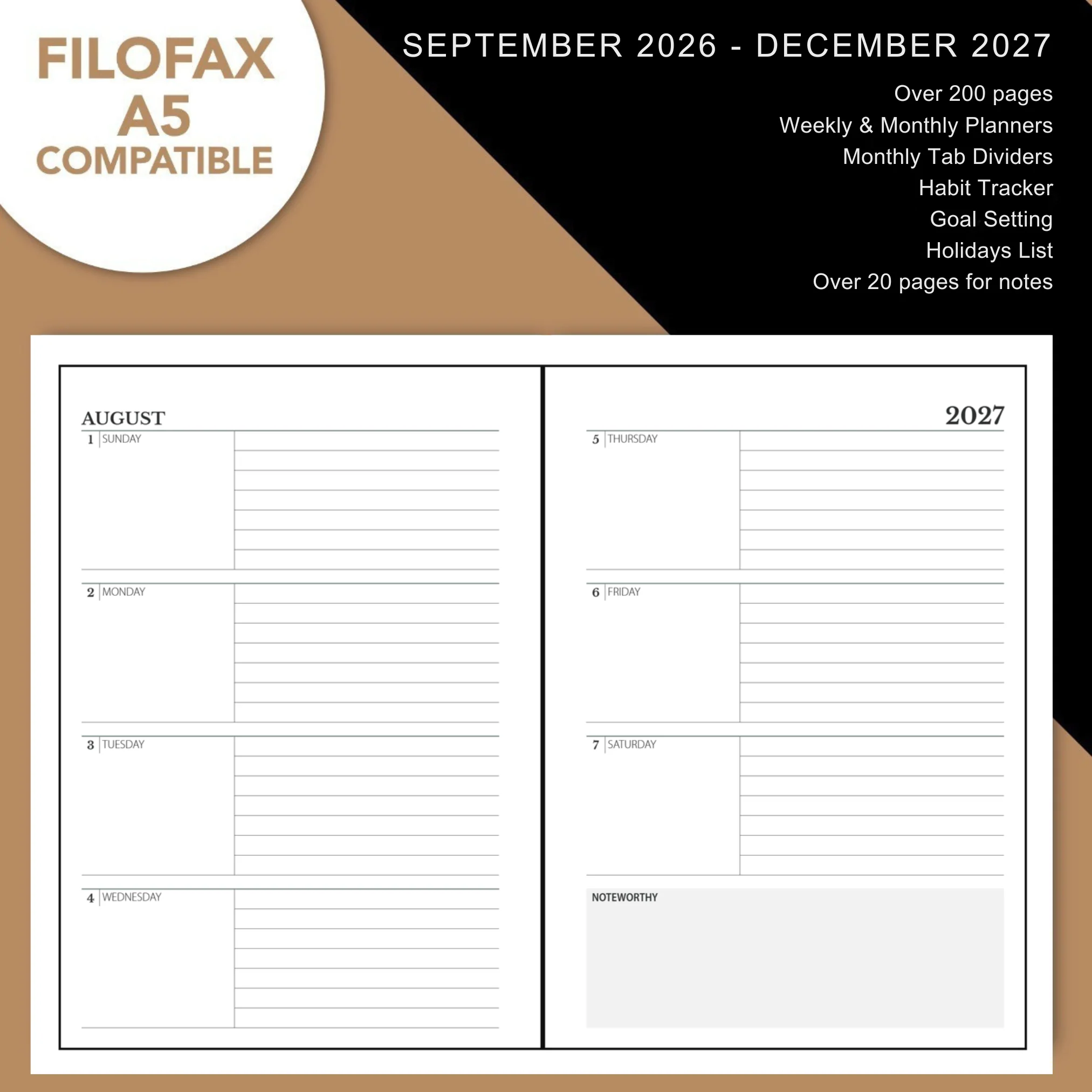 Sep 2026 - Dec 2027 Dated Planner Inserts – A5 6-Ring Binder - Image 3