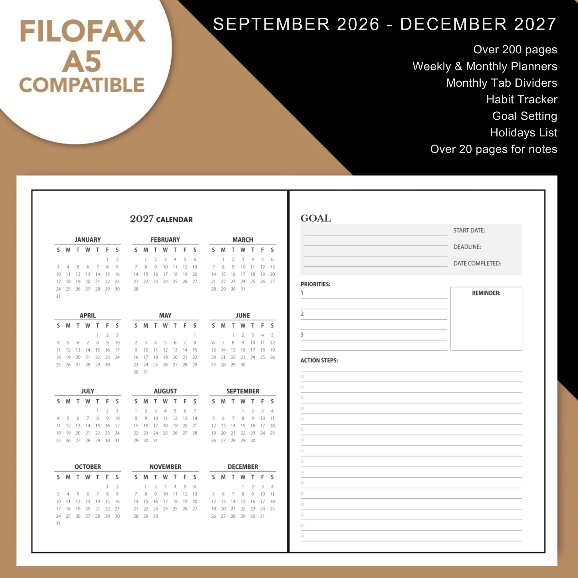 Sep 2026 - Dec 2027 Dated Planner Inserts – A5 6-Ring Binder - Image 4
