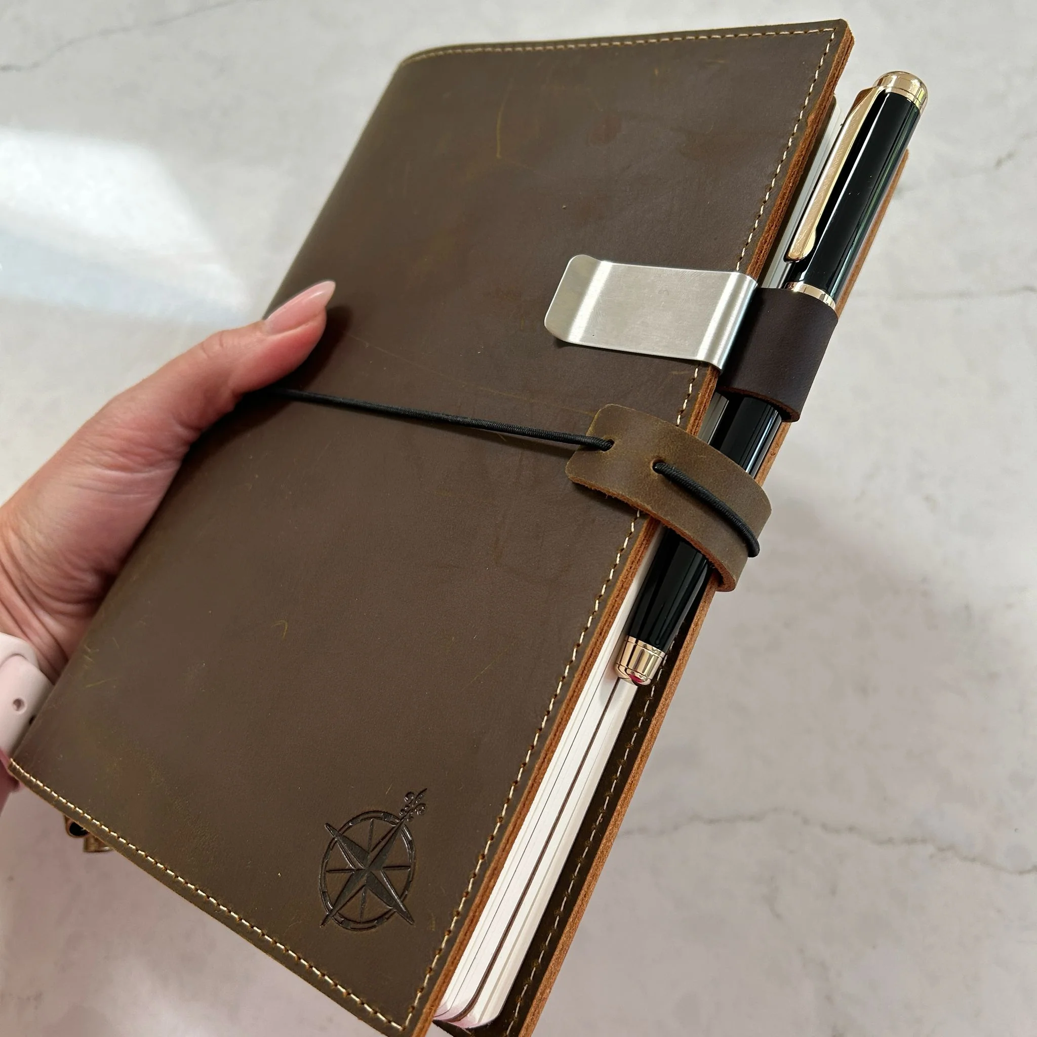 Wanderings Genuine Crazy Horse Leather & Metal Pen Holder Clip for Notebook - Pen Loop for Journals, Planners and Notebooks, Clip on Pen Sleeve, Leather Pen Holder Accessory for Refillable Notebooks - Image 5