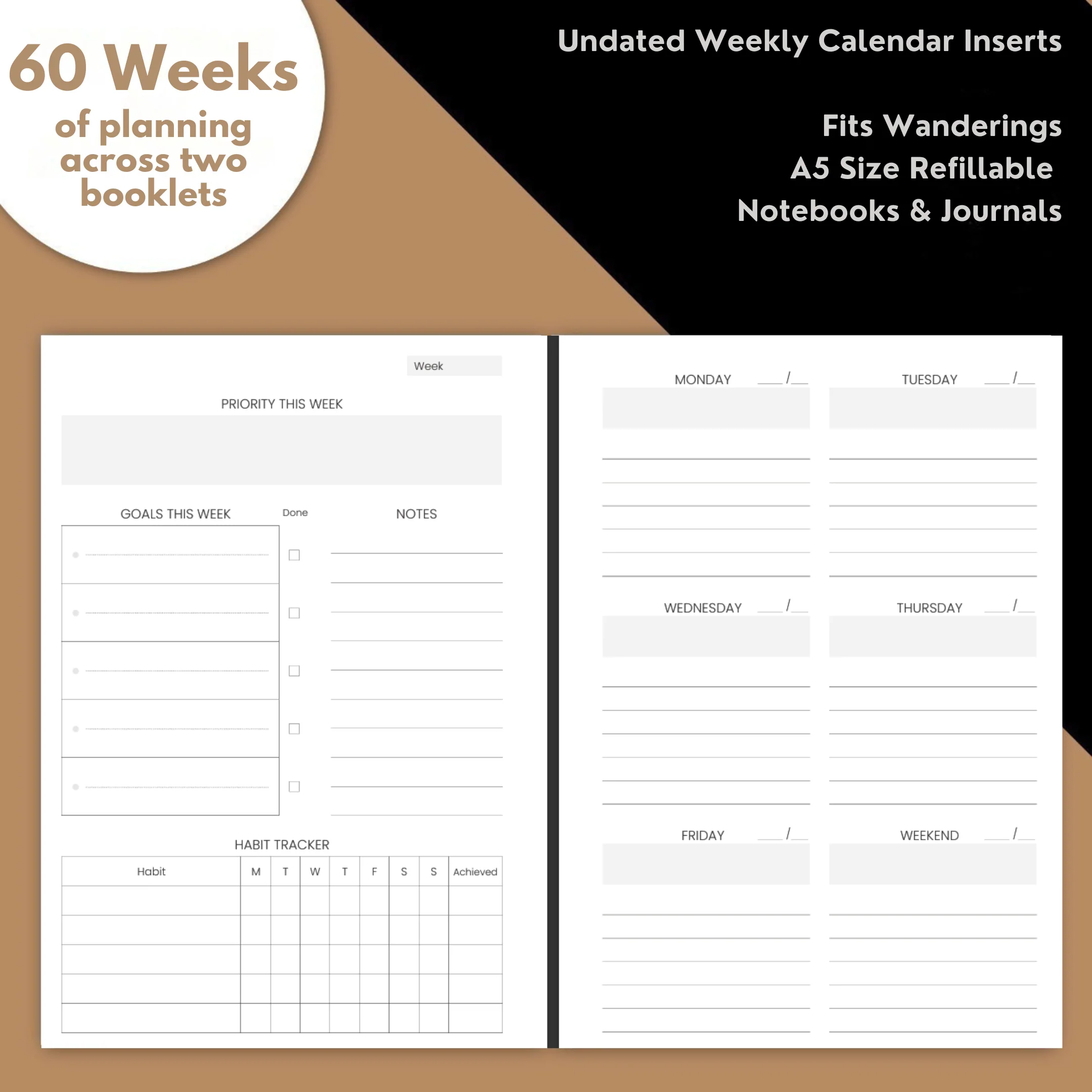 Undated Weekly Planner Inserts (60 Weeks) – A5 Traveler's Refillable Notebook - Image 4