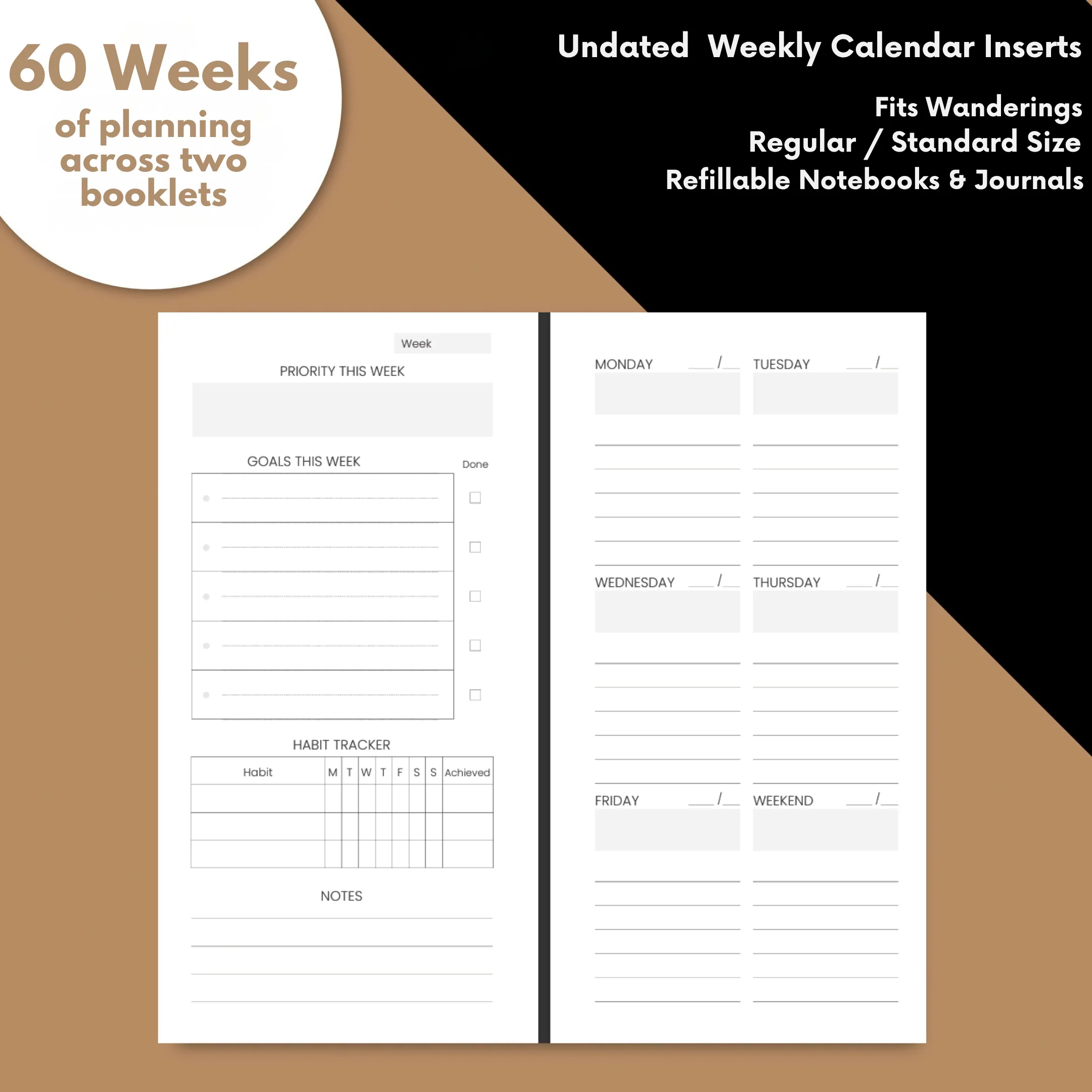 Undated Weekly Planner Inserts (60 Weeks) – Regular Traveler's Refillable Notebook - Image 4